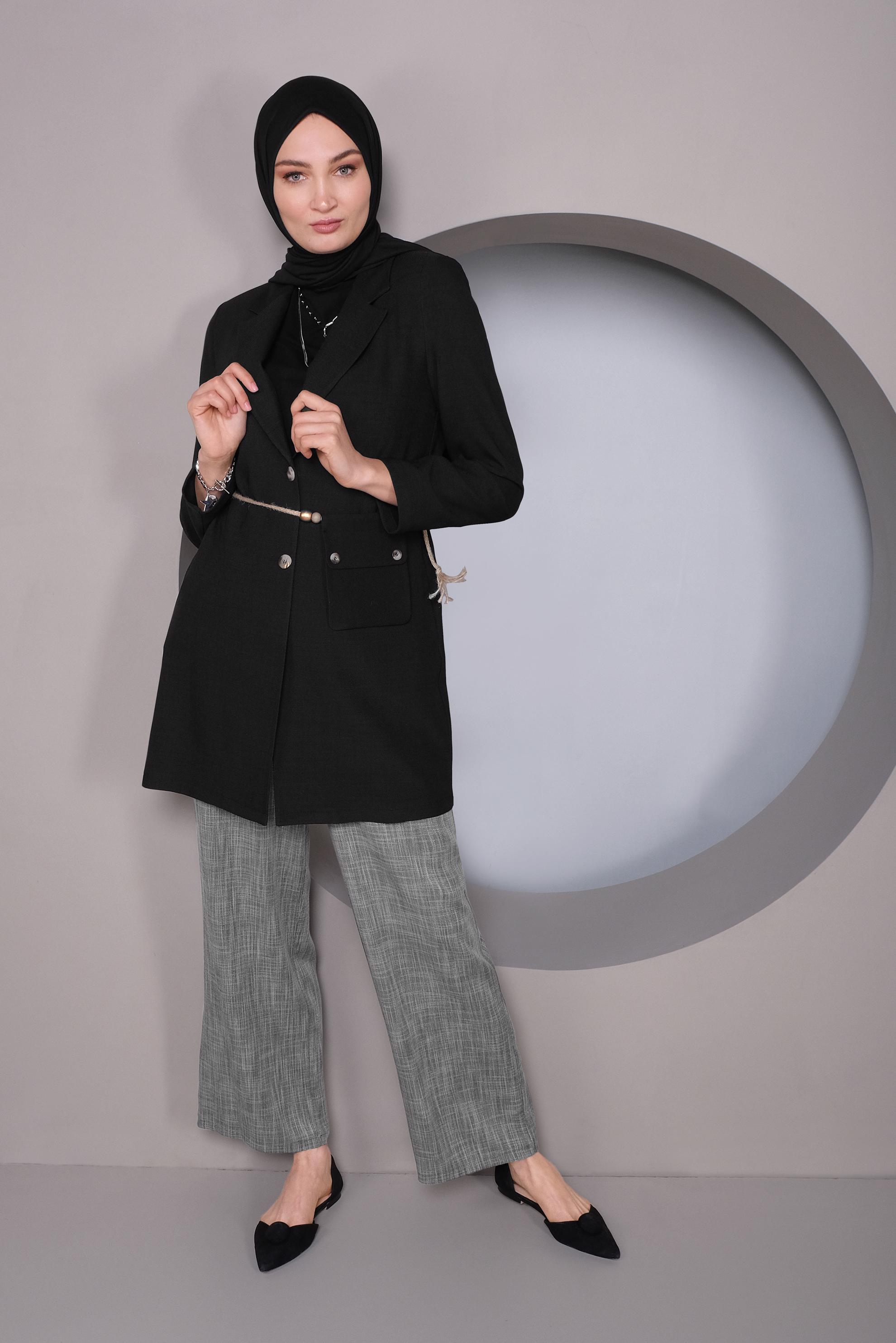 Tesettür giyim SİYAH HALAT KEMERLİ KETEN CEKET 41424