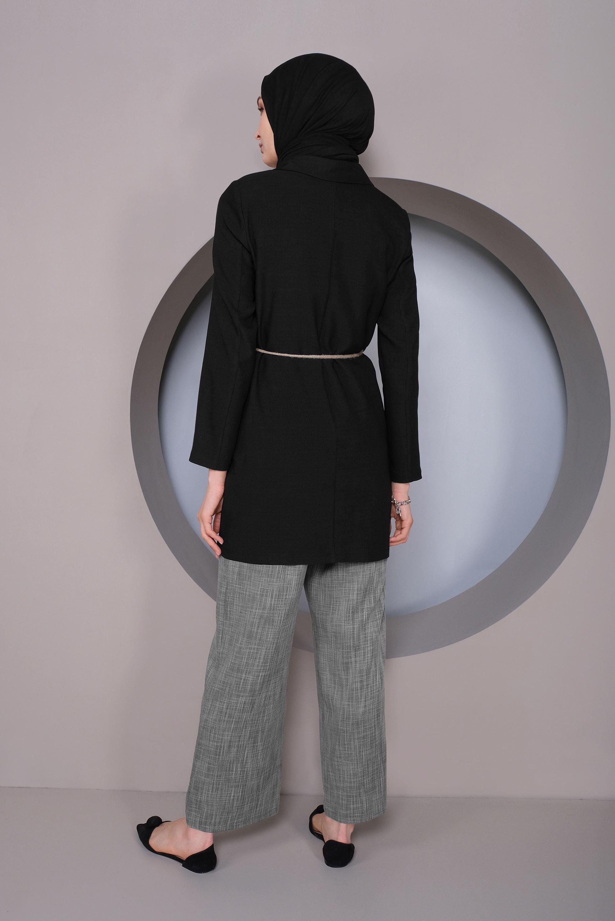 Tesettür giyim SİYAH HALAT KEMERLİ KETEN CEKET 41424
