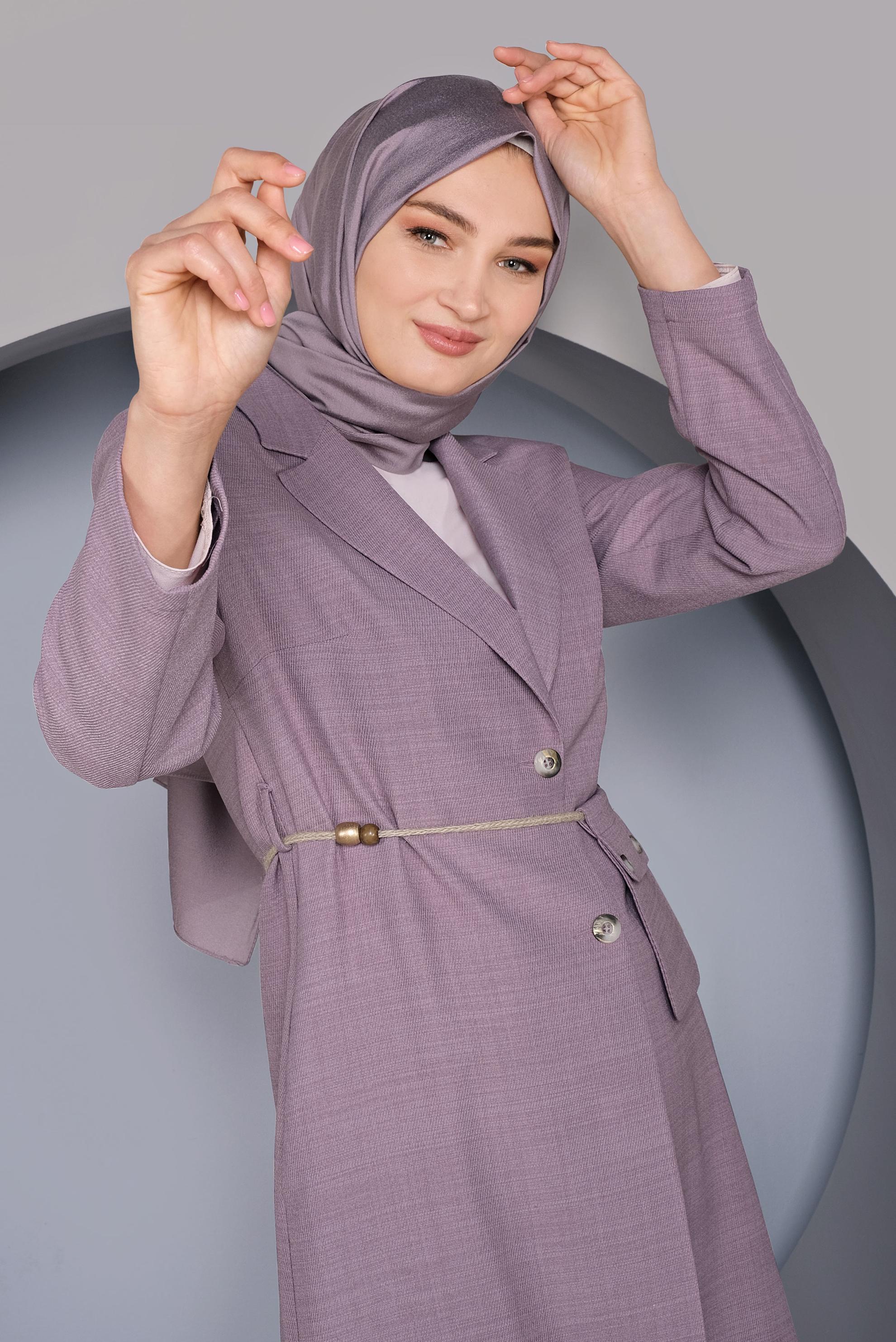 Tesettür giyim MOR HALAT KEMERLİ KETEN CEKET 41424