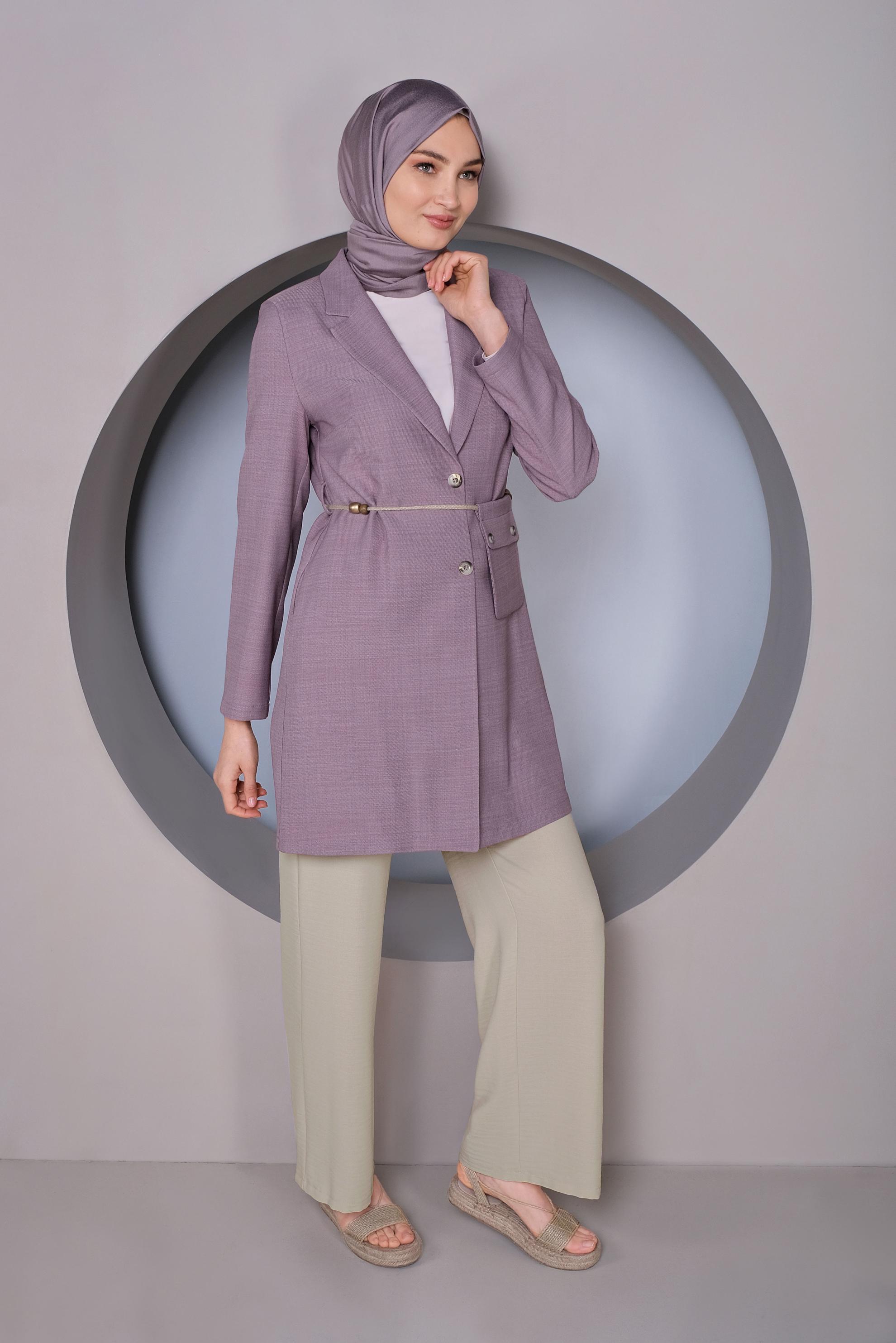 Tesettür giyim MOR HALAT KEMERLİ KETEN CEKET 41424