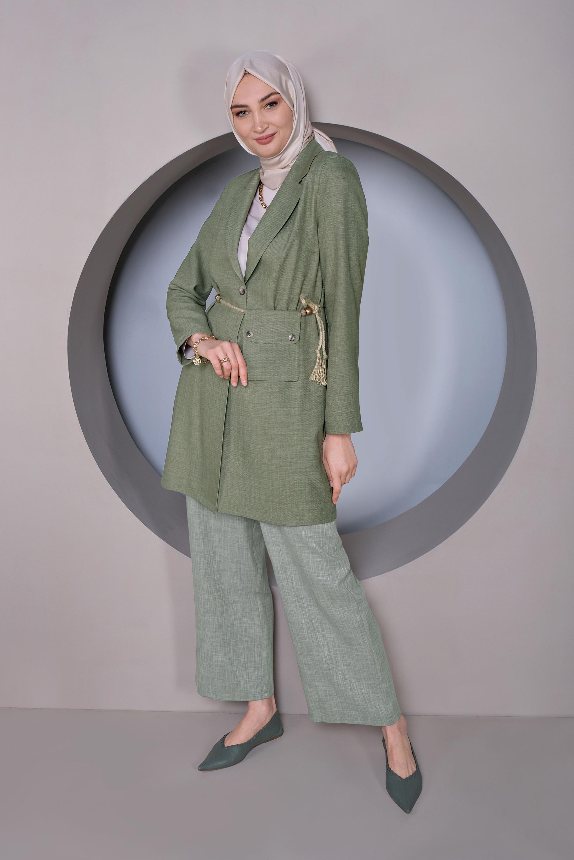 Tesettür giyim YEŞİL HALAT KEMERLİ KETEN CEKET 41424