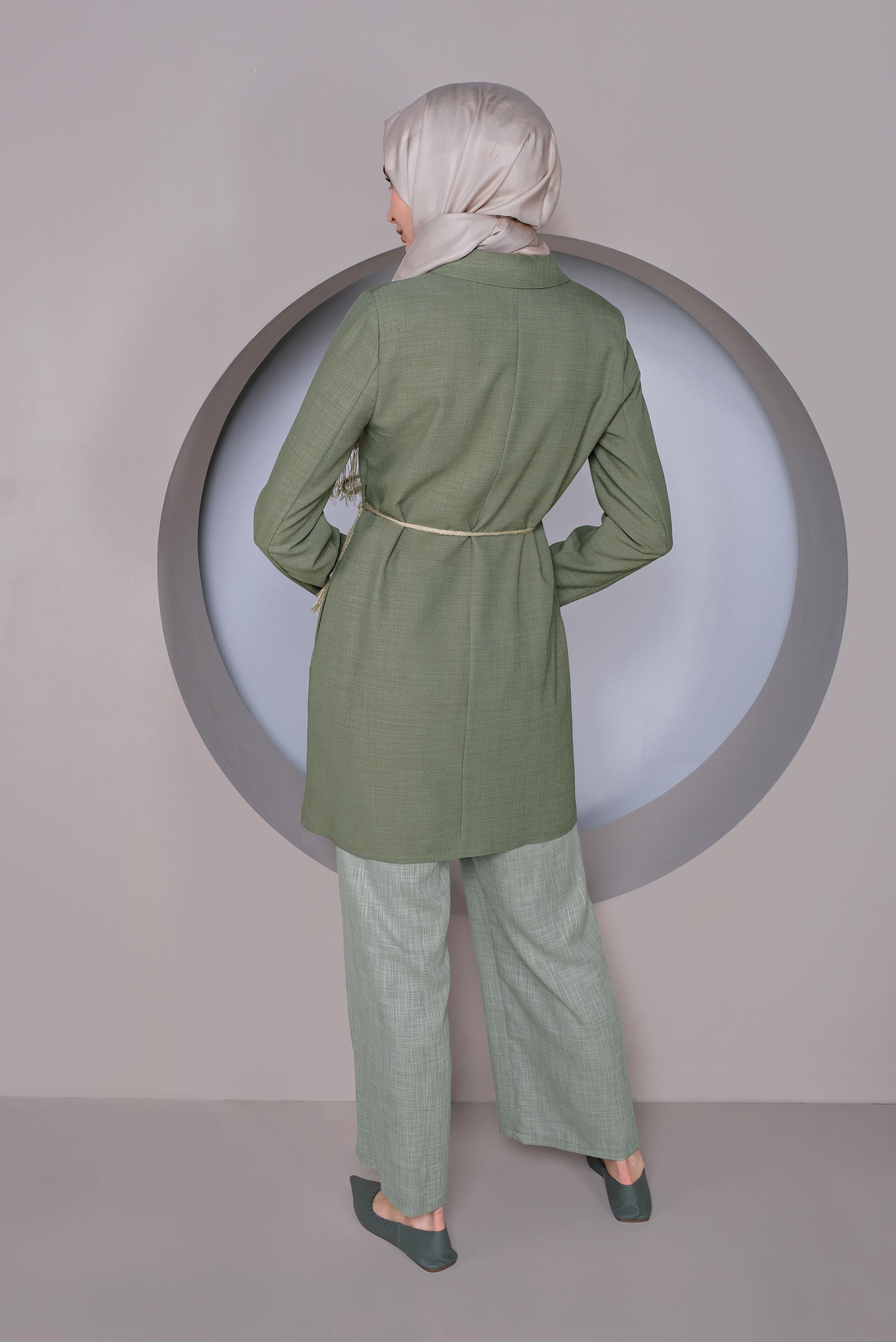 Tesettür giyim YEŞİL HALAT KEMERLİ KETEN CEKET 41424