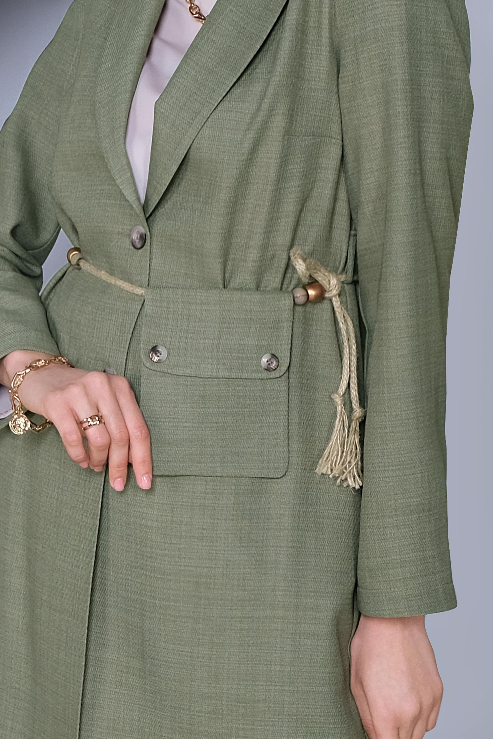 Tesettür giyim YEŞİL HALAT KEMERLİ KETEN CEKET 41424