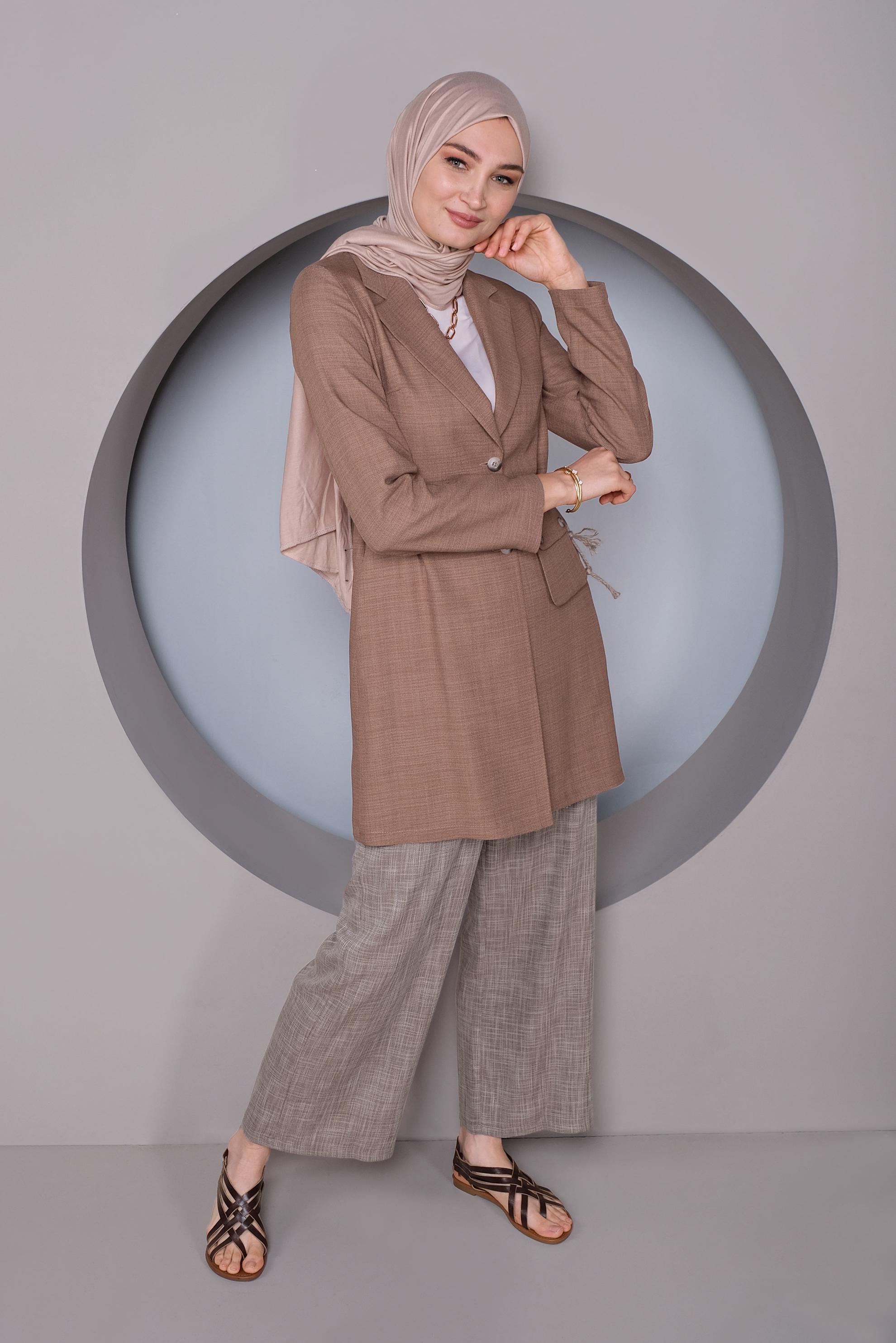 Tesettür giyim KAHVE HALAT KEMERLİ KETEN CEKET 41424
