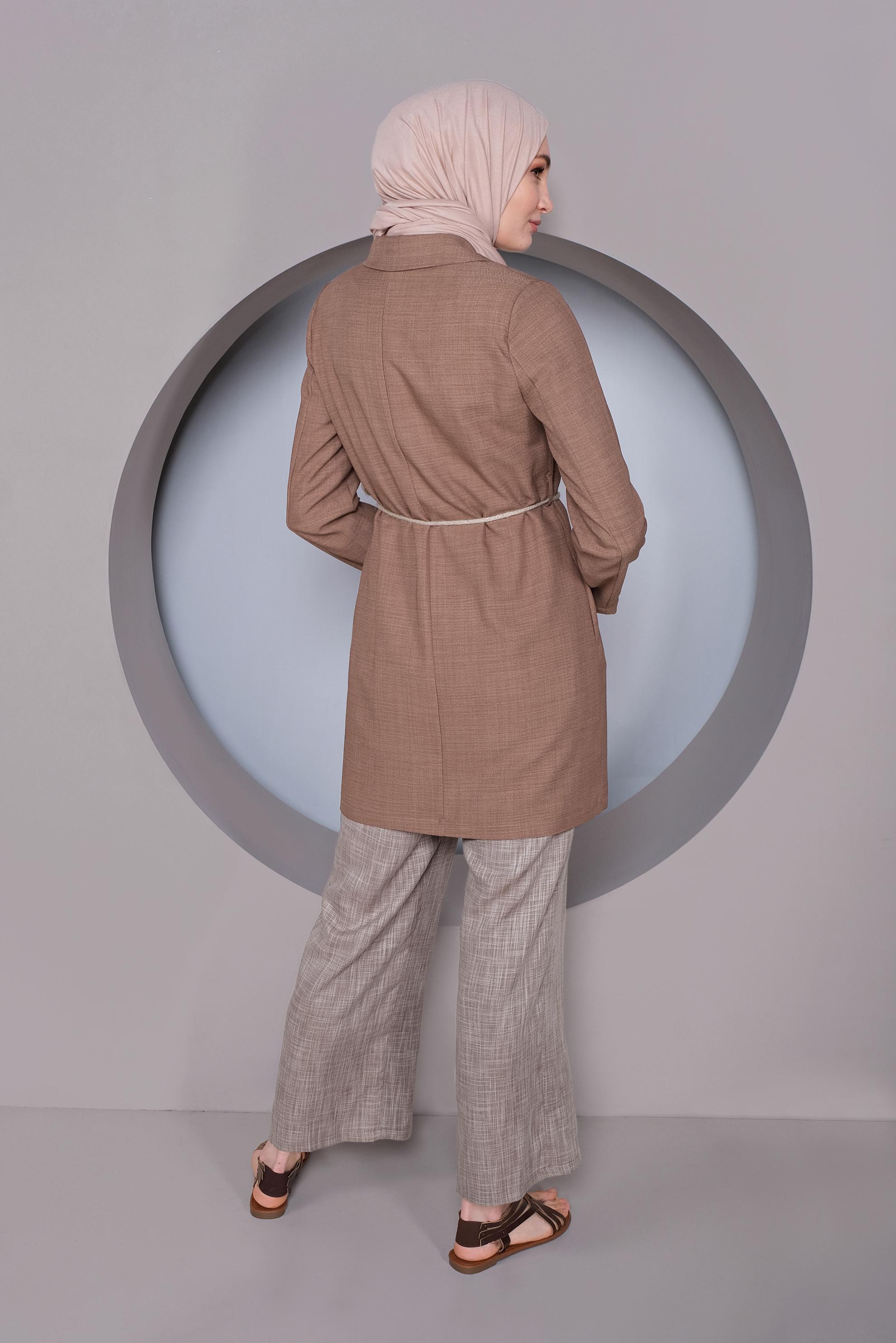 Tesettür giyim KAHVE HALAT KEMERLİ KETEN CEKET 41424