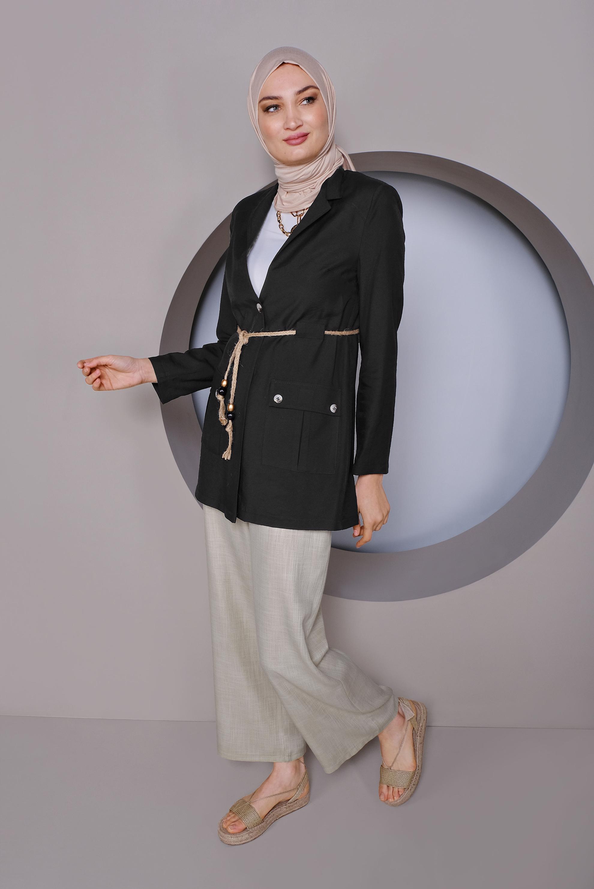 Tesettür giyim SİYAH HALAT KEMERLİ CEPLİ CEKET 41425