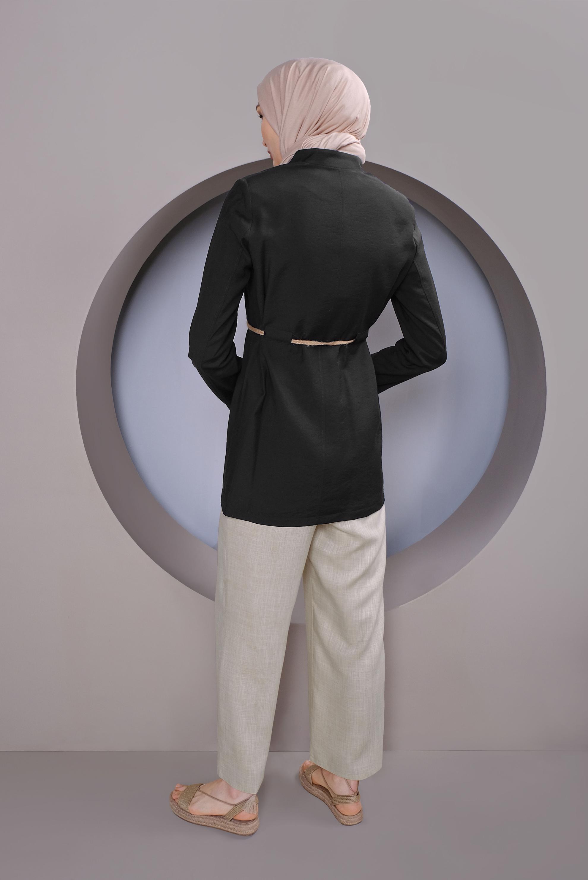 Tesettür giyim SİYAH HALAT KEMERLİ CEPLİ CEKET 41425