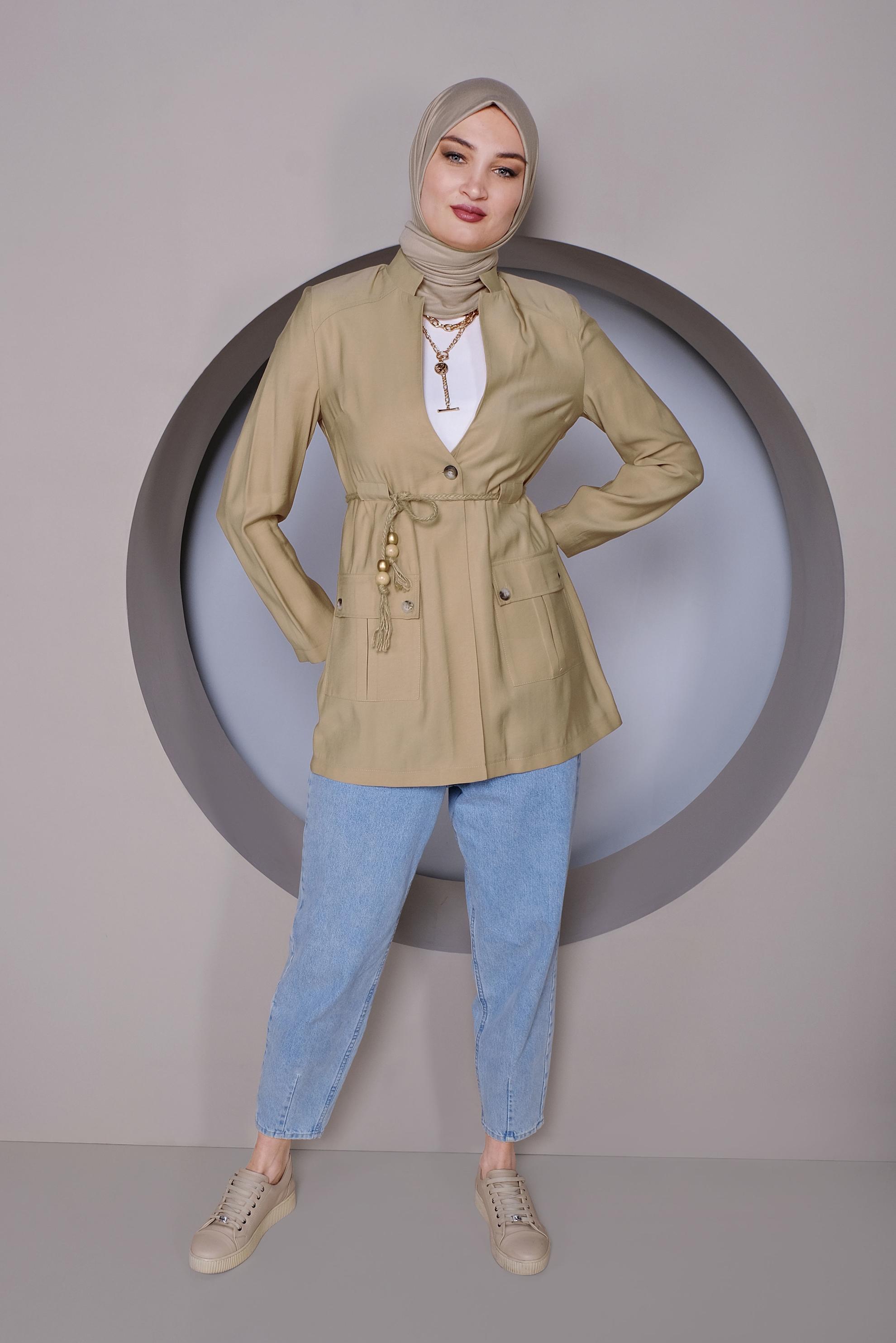 Tesettür giyim KAHVE HALAT KEMERLİ CEPLİ CEKET 41425