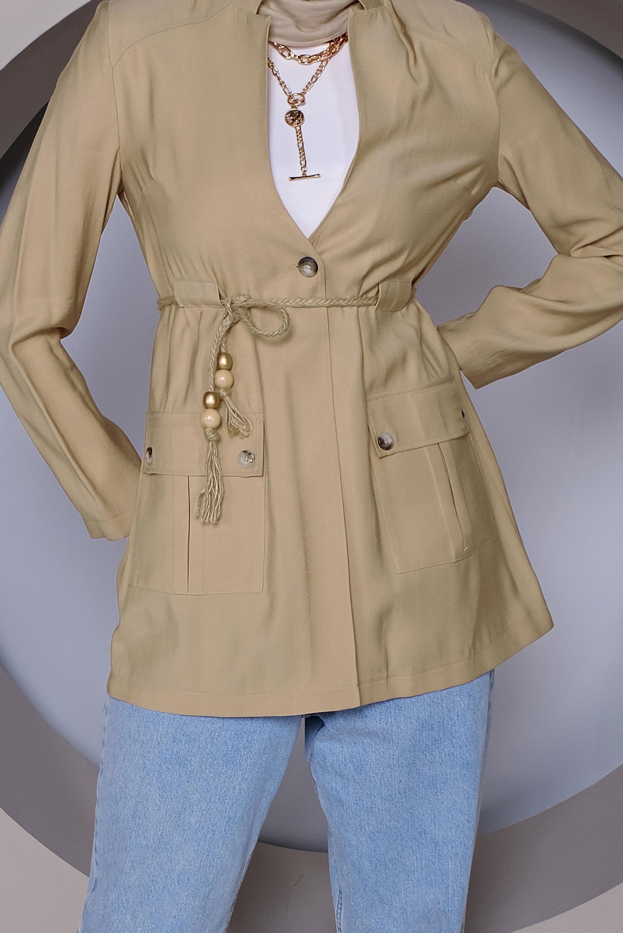 Tesettür giyim KAHVE HALAT KEMERLİ CEPLİ CEKET 41425