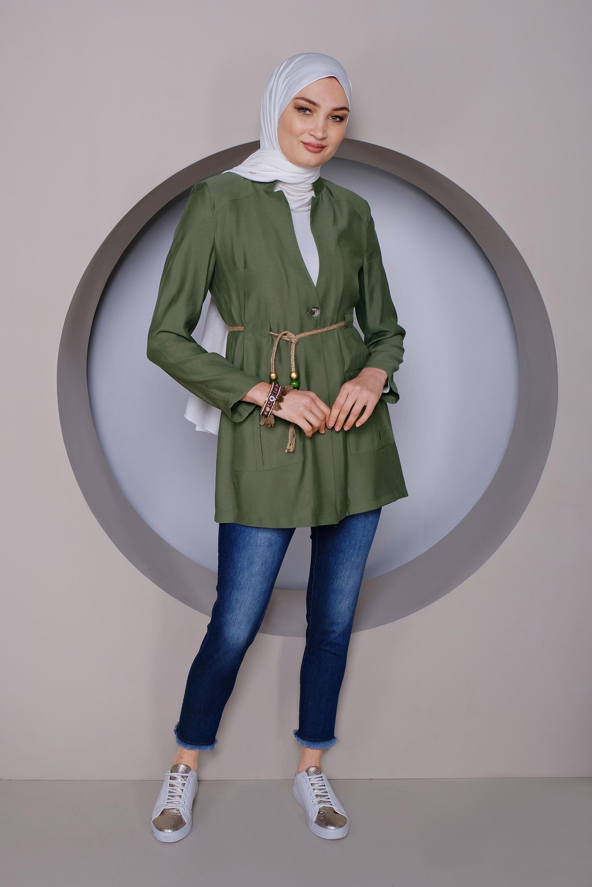 Tesettür giyim HAKİ HALAT KEMERLİ CEPLİ CEKET 41425