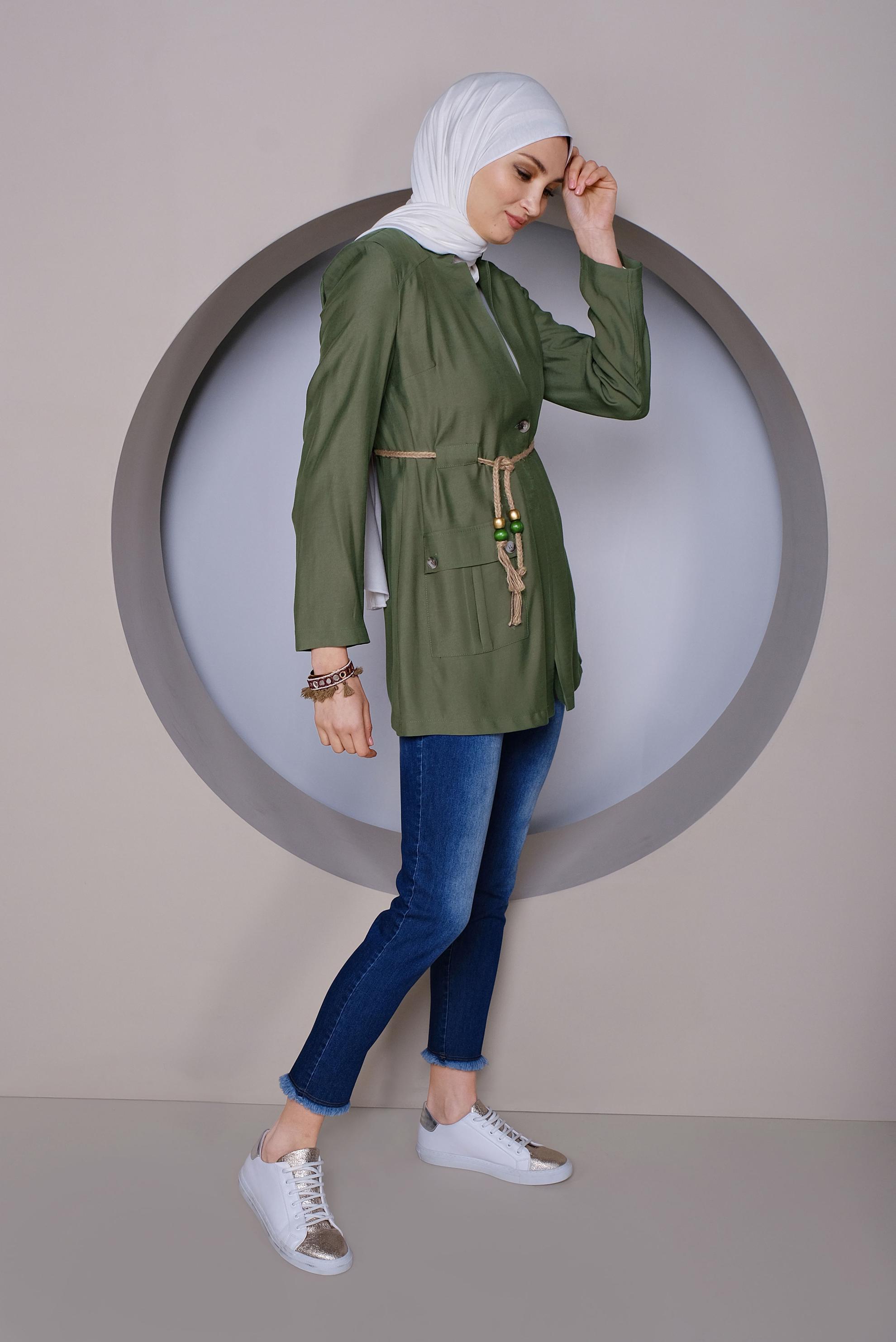 Tesettür giyim HAKİ HALAT KEMERLİ CEPLİ CEKET 41425