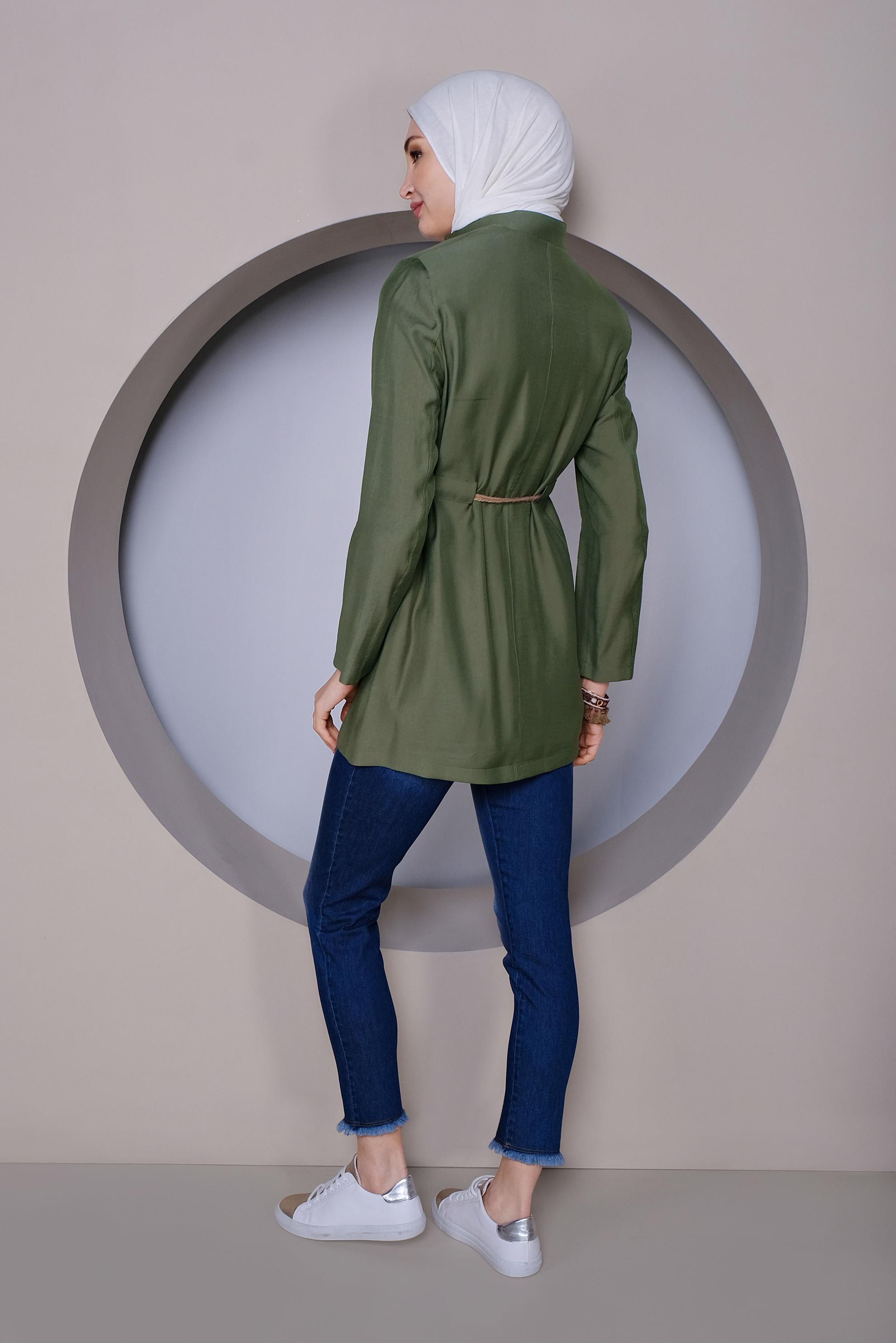 Tesettür giyim HAKİ HALAT KEMERLİ CEPLİ CEKET 41425