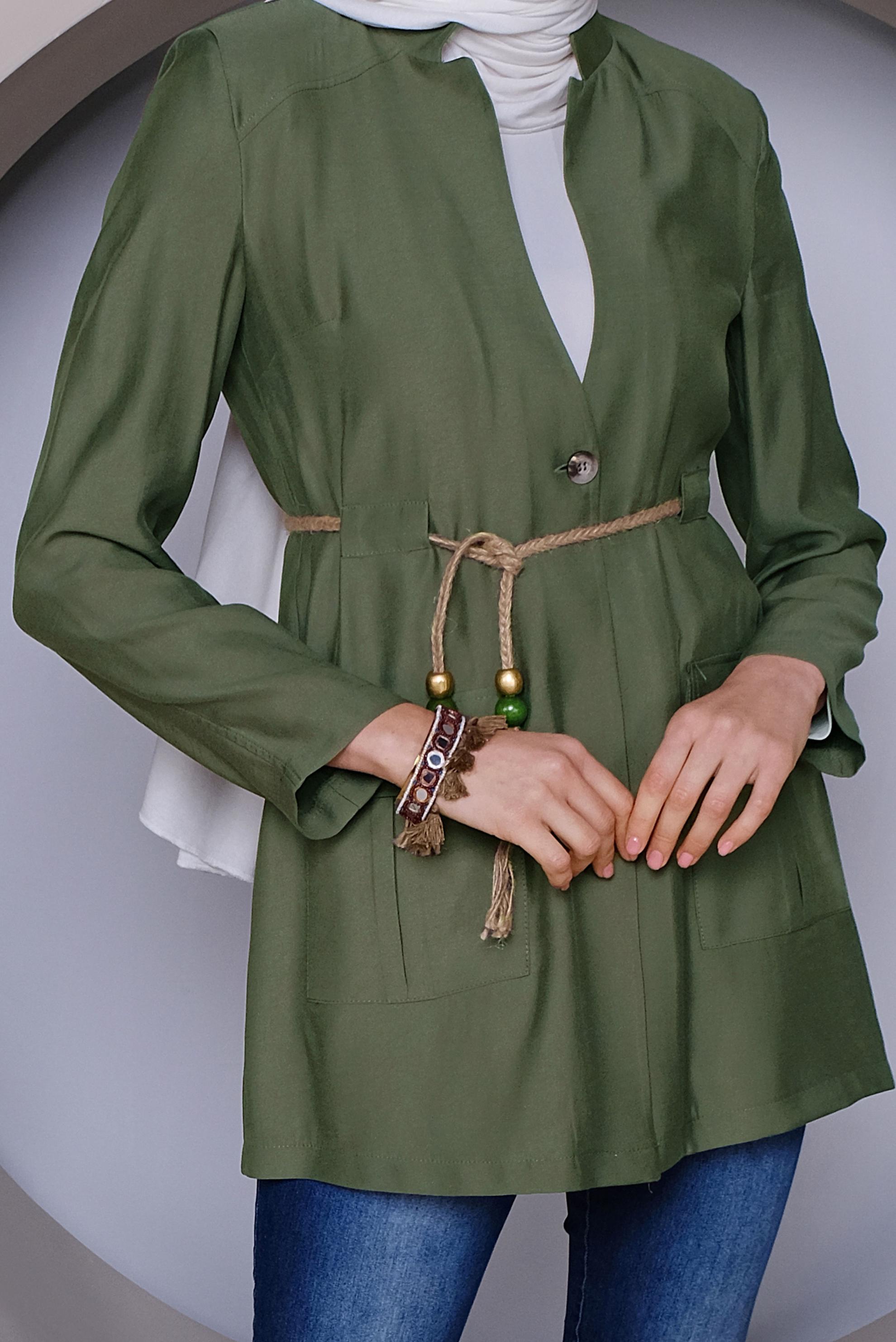 Tesettür giyim HAKİ HALAT KEMERLİ CEPLİ CEKET 41425