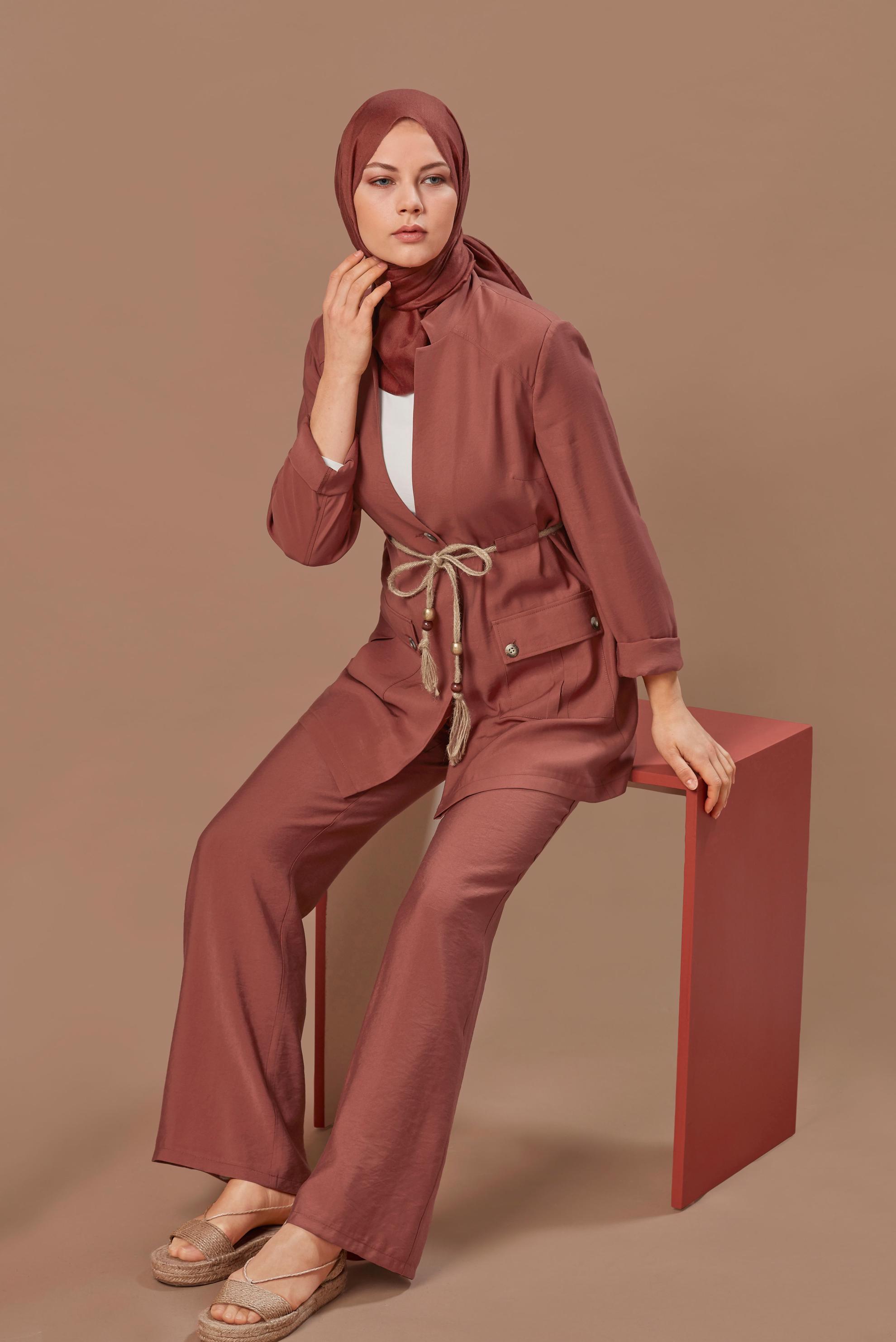 Tesettür giyim TURUNCU HALAT KEMERLİ CEPLİ CEKET 41425