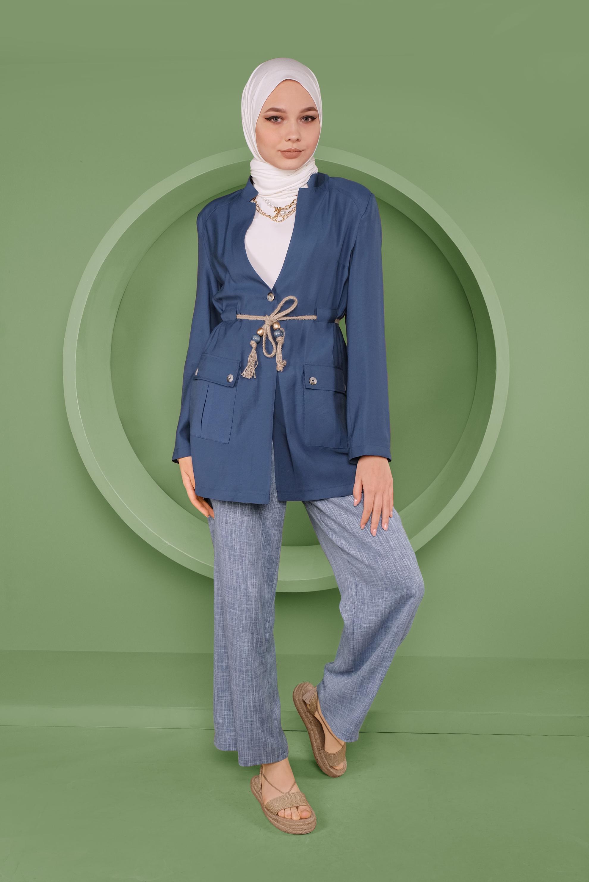 Tesettür giyim LACİVERT HALAT KEMERLİ CEPLİ CEKET 41425