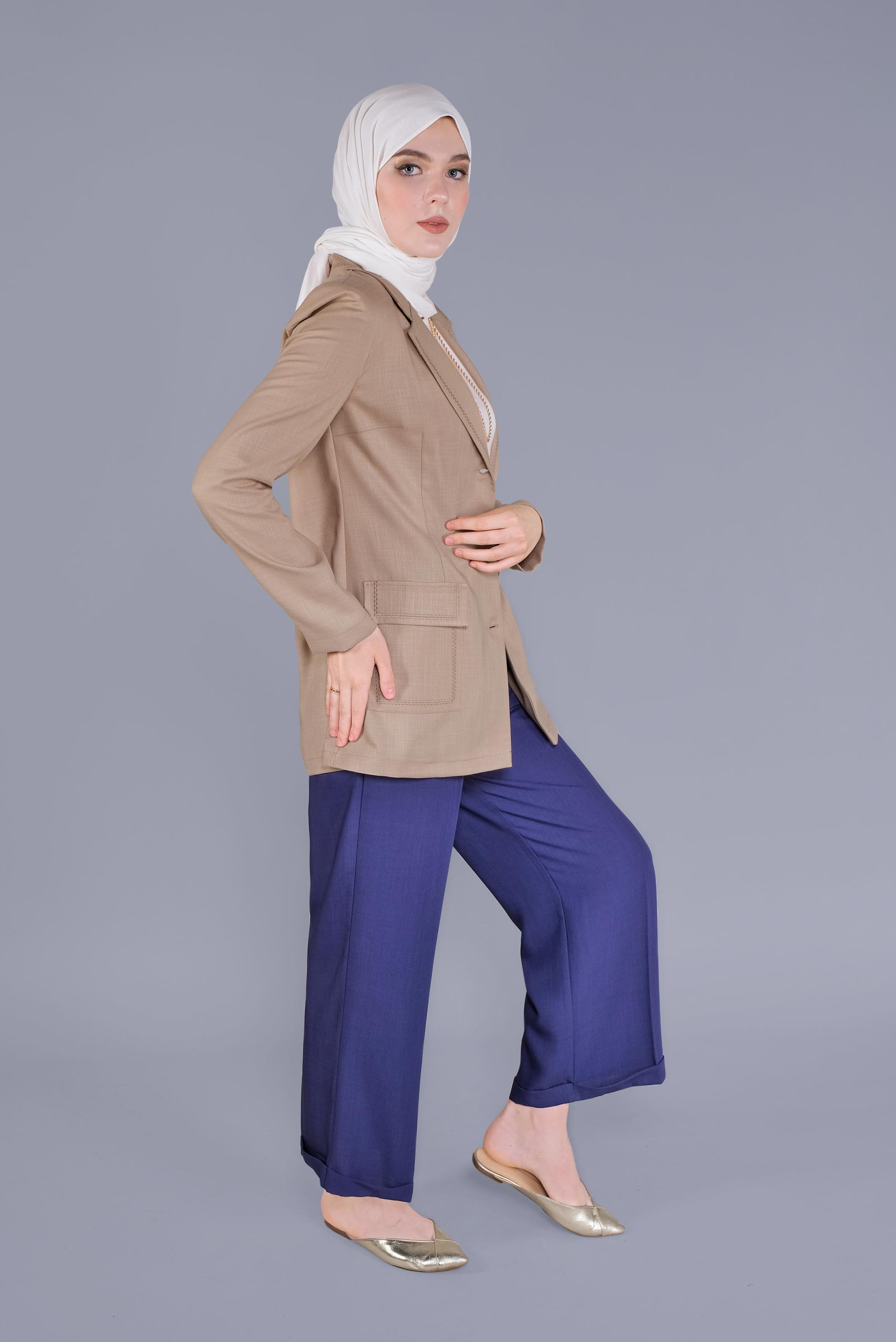 Tesettür giyim KAHVE KRUVAZE YAKA CEPLİ CEKET 41448	