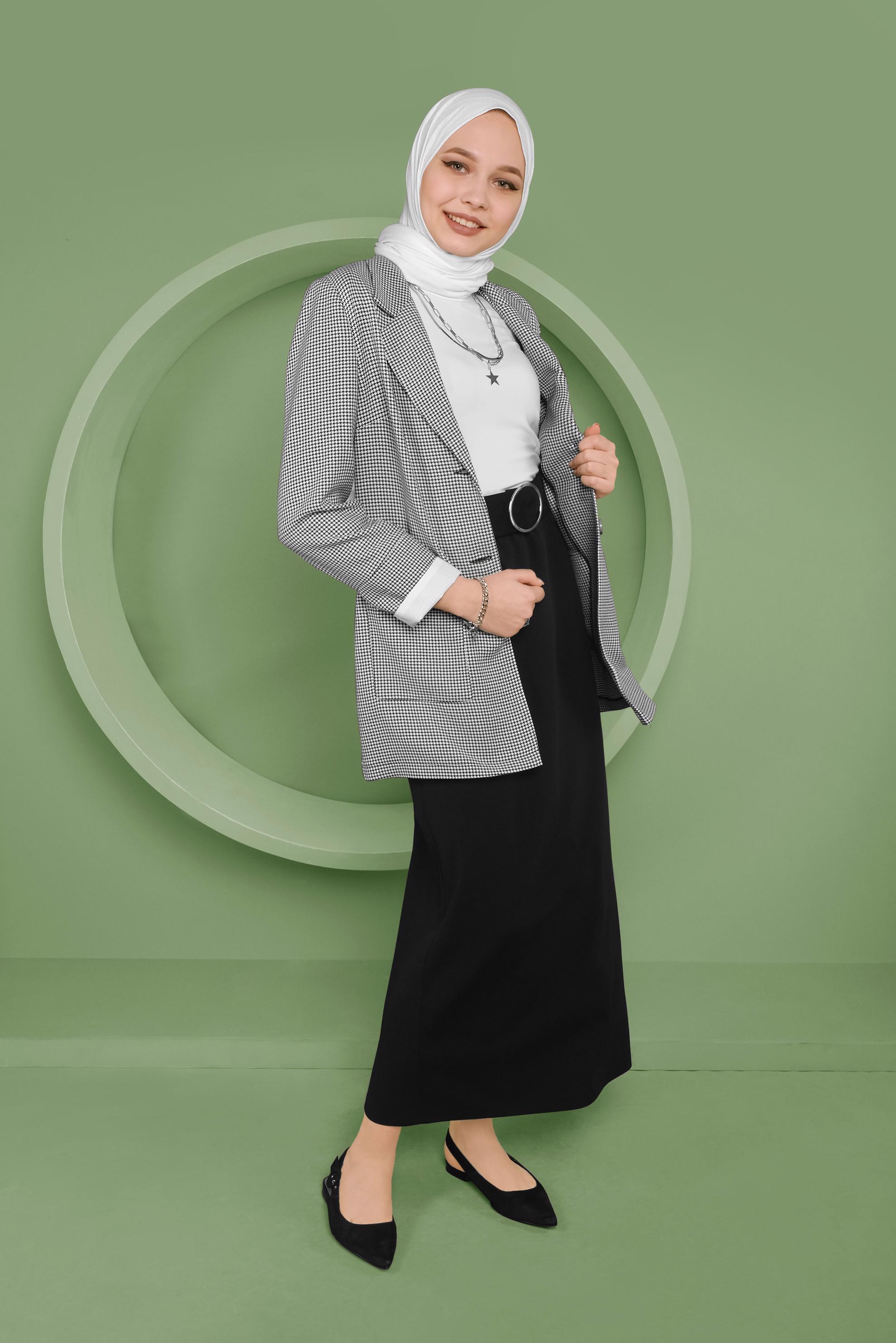 Tesettür giyim SİYAH KAZAYAĞI DESENLİ CEKET 41449