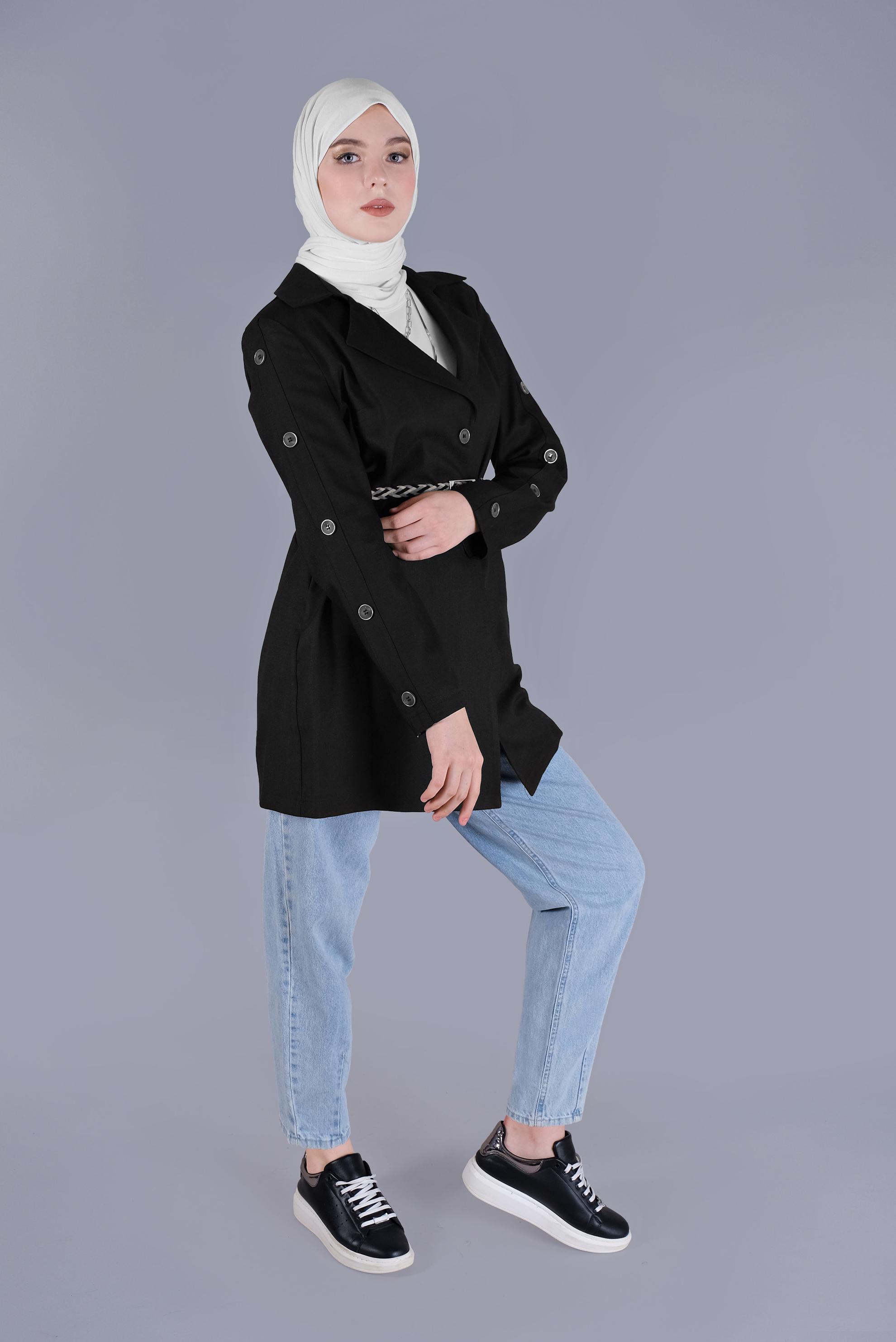 Tesettür giyim SİYAH DÜĞME DETAYLI KRUVAZE YAKA CEKET 41451 