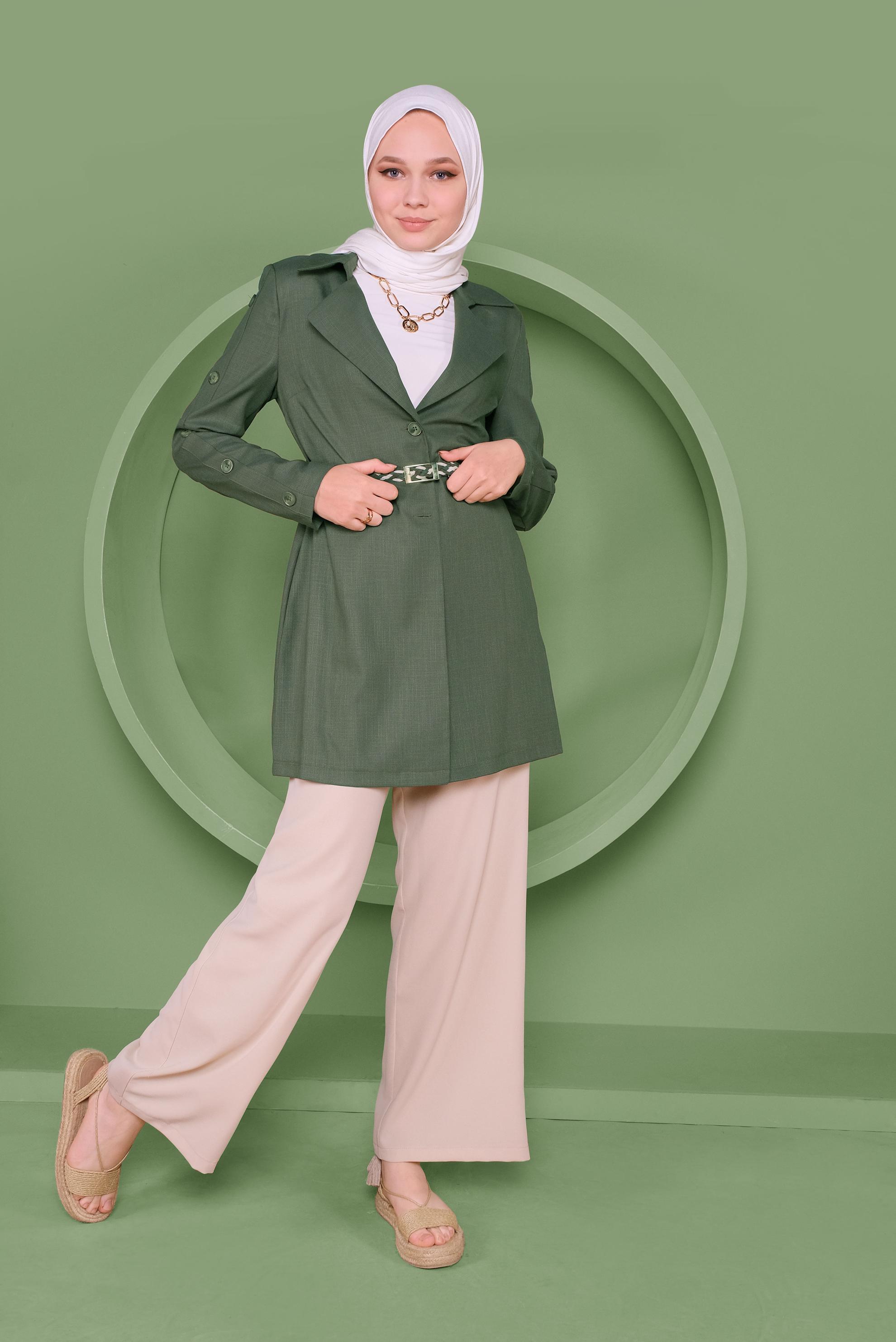 Tesettür giyim HAKİ DÜĞME DETAYLI KRUVAZE YAKA CEKET 41451 