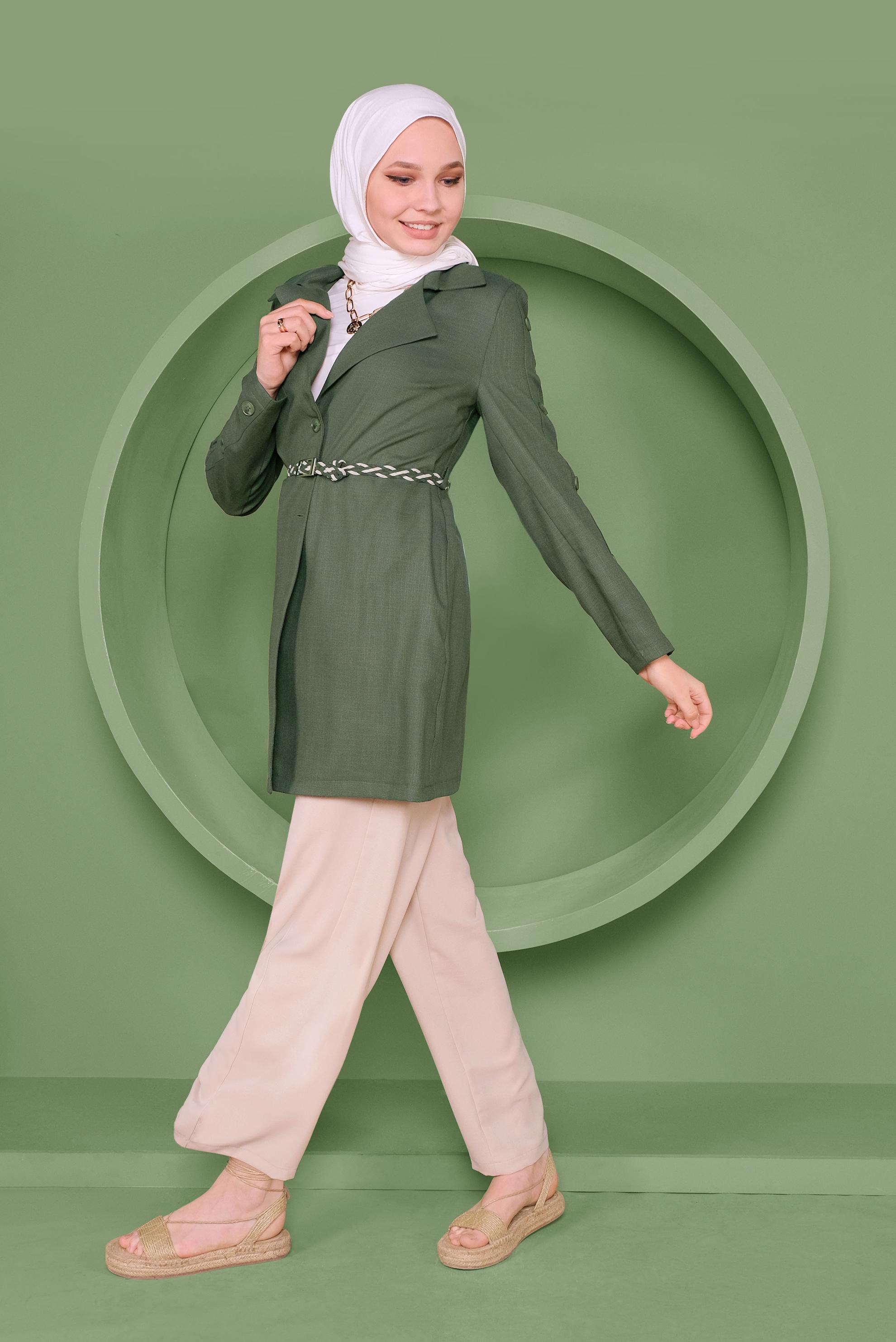 Tesettür giyim HAKİ DÜĞME DETAYLI KRUVAZE YAKA CEKET 41451 