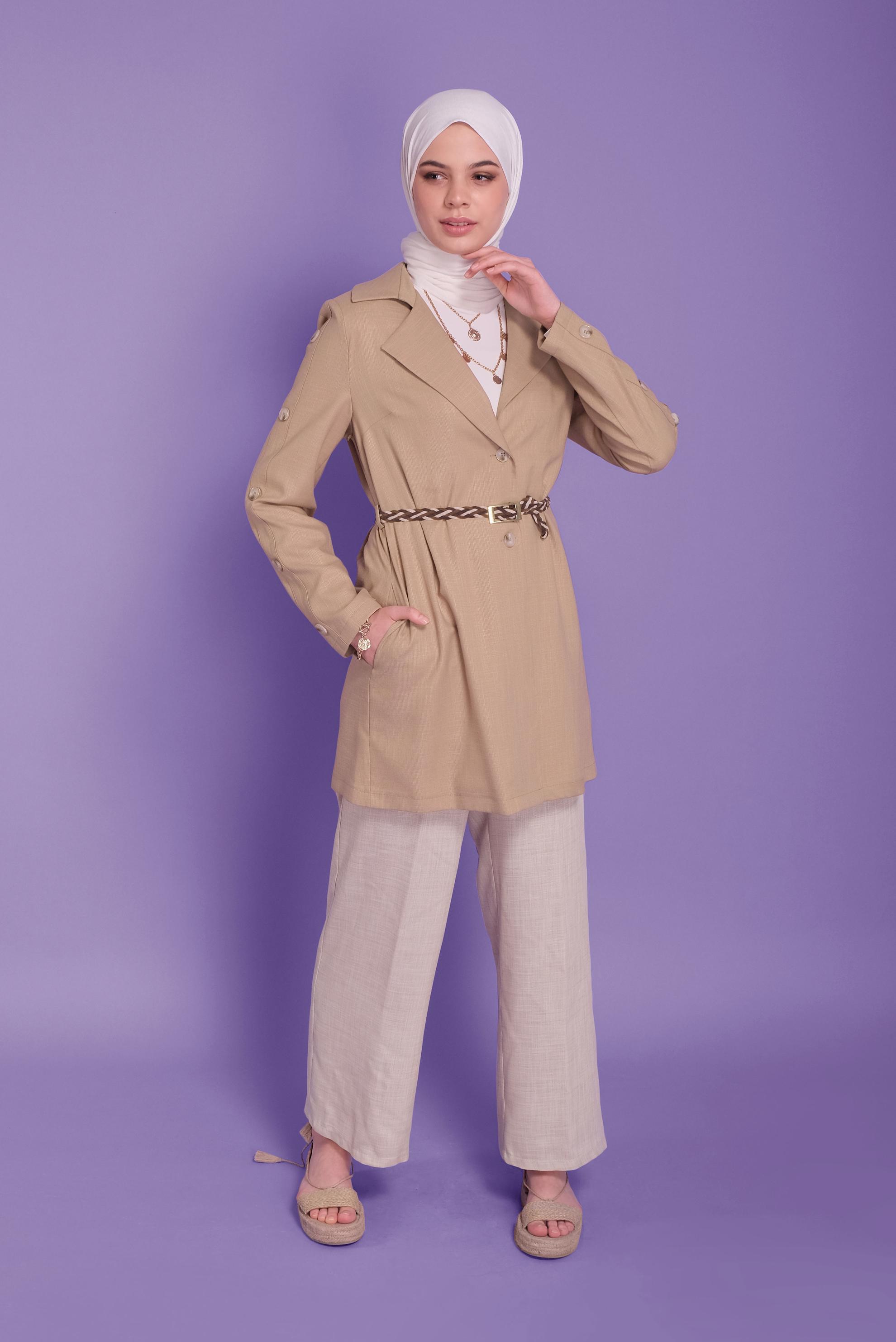 Tesettür giyim KAHVE DÜĞME DETAYLI KRUVAZE YAKA CEKET 41451 