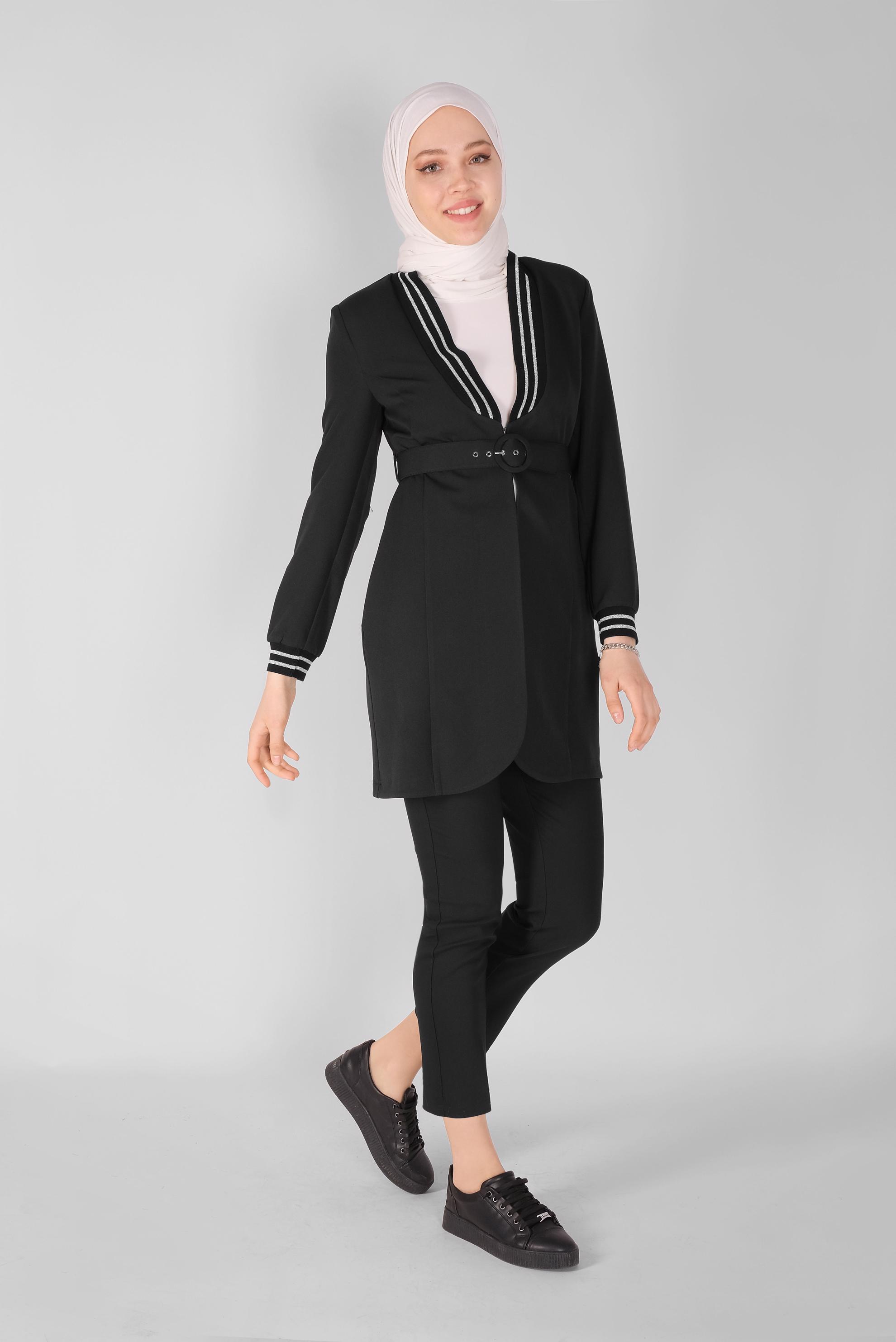 Tesettür giyim SİYAH SİMLİ ŞERİT LASTİK DETAYLI CEKET 41468