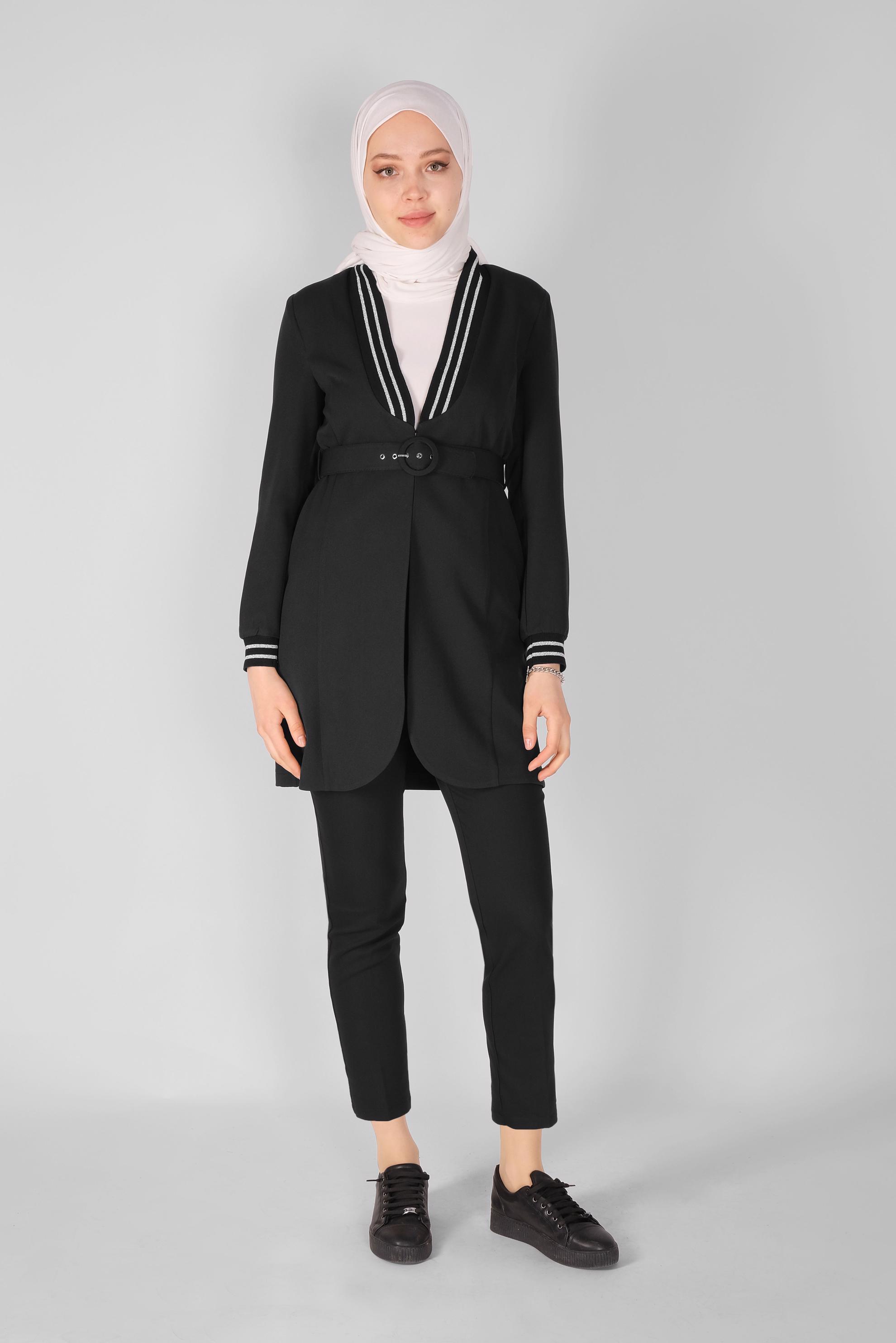 Tesettür giyim SİYAH SİMLİ ŞERİT LASTİK DETAYLI CEKET 41468