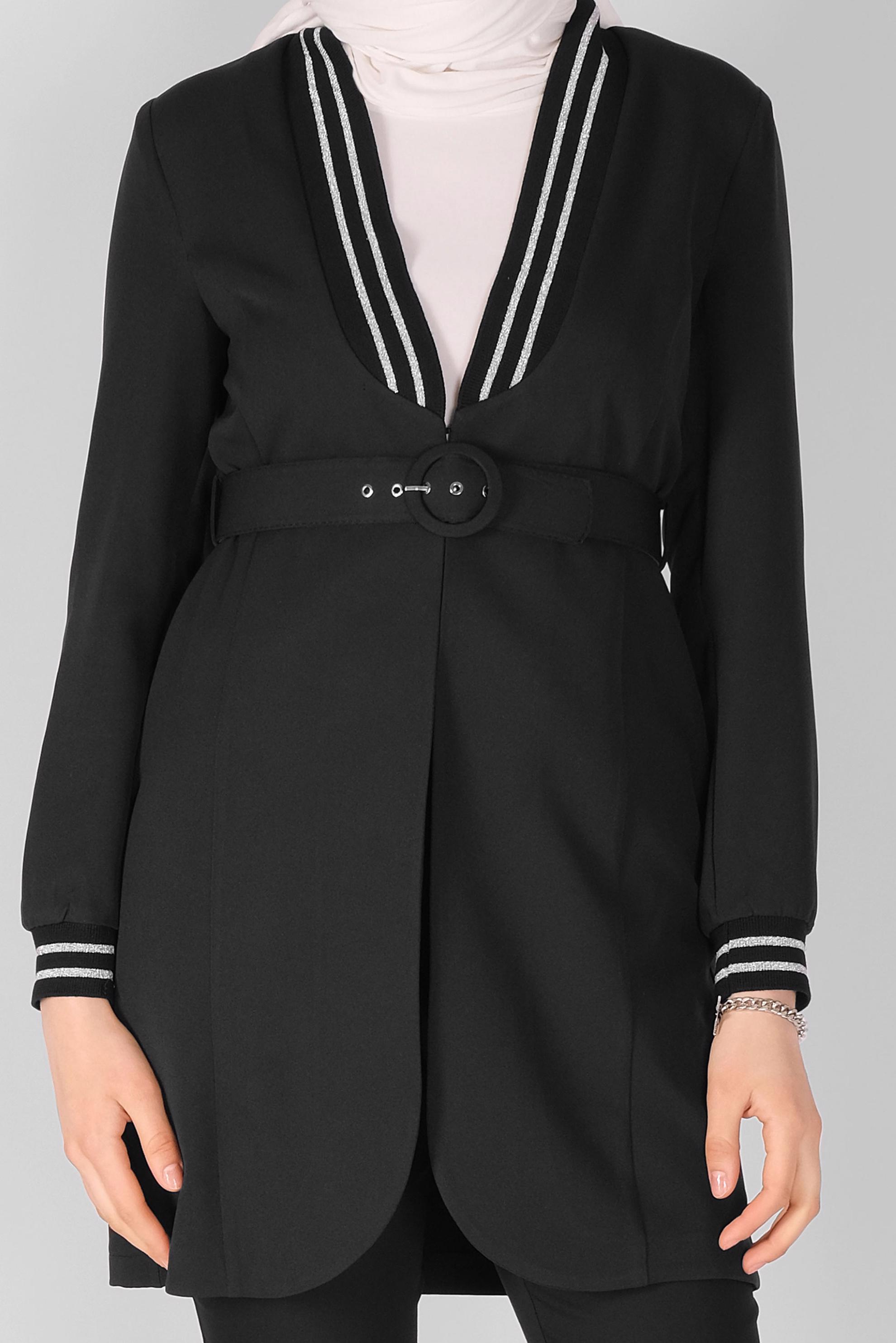 Tesettür giyim SİYAH SİMLİ ŞERİT LASTİK DETAYLI CEKET 41468