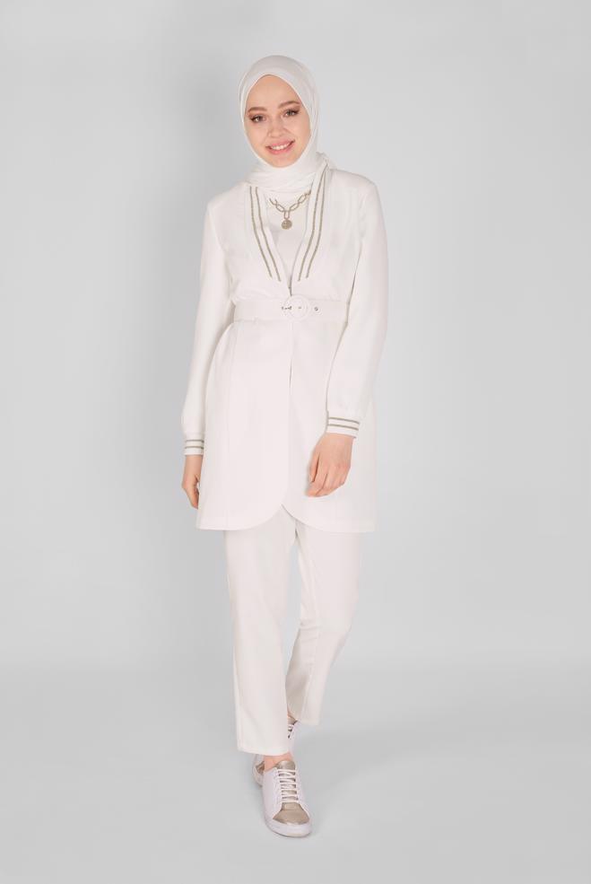 Hijab-Kleidung WEISS SİMLİ ŞERİT LASTİK DETAYLI CEKET 41468 - ALVİNA
