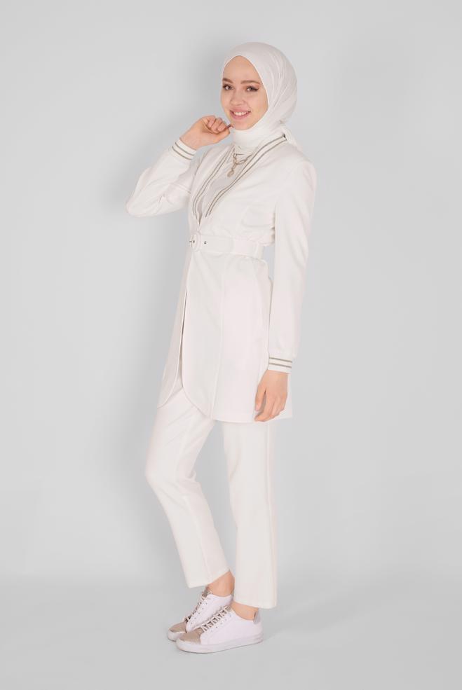 Hijab-Kleidung WEISS SİMLİ ŞERİT LASTİK DETAYLI CEKET 41468 - ALVİNA