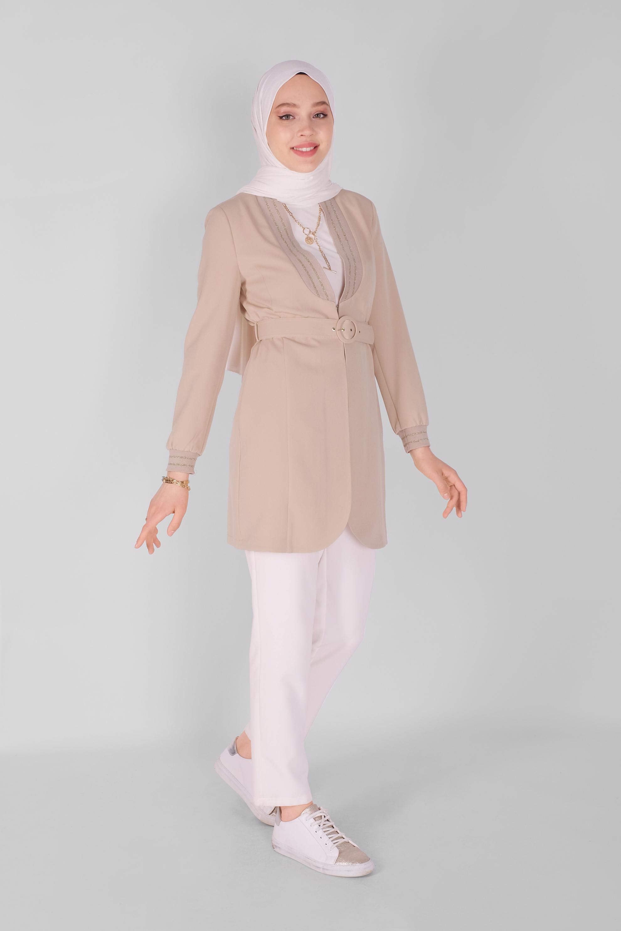 Tesettür giyim BEJ SİMLİ ŞERİT LASTİK DETAYLI CEKET 41468