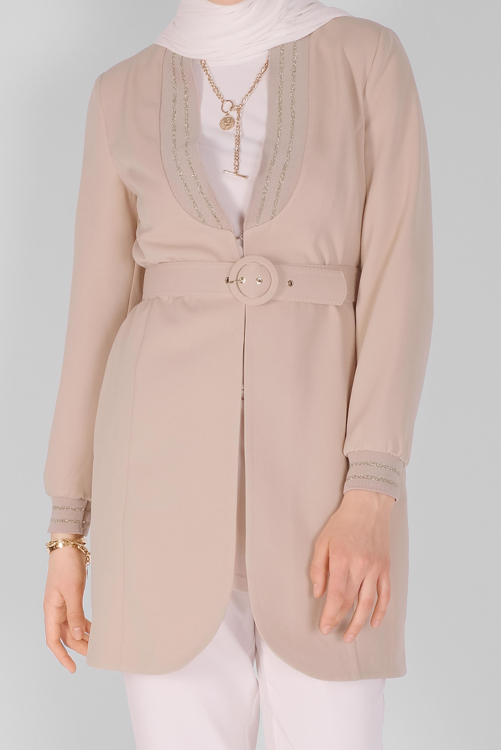 Tesettür giyim BEJ SİMLİ ŞERİT LASTİK DETAYLI CEKET 41468