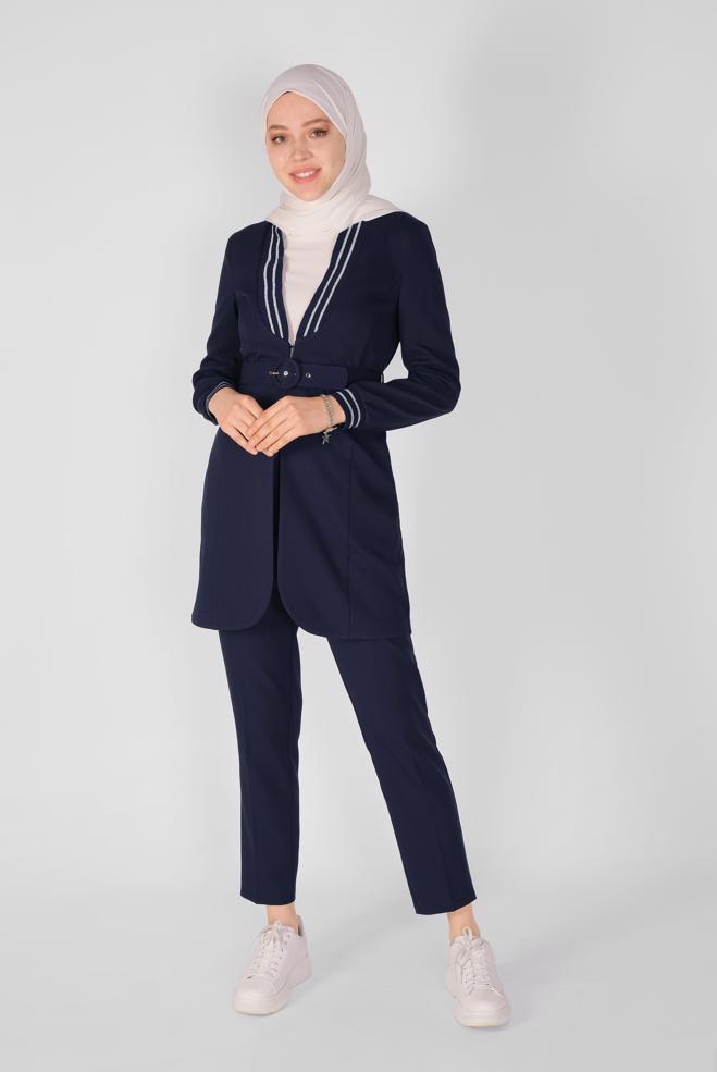 Hijab-Kleidung NAVY BLAU SİMLİ ŞERİT LASTİK DETAYLI CEKET 41468 - ALVİNA