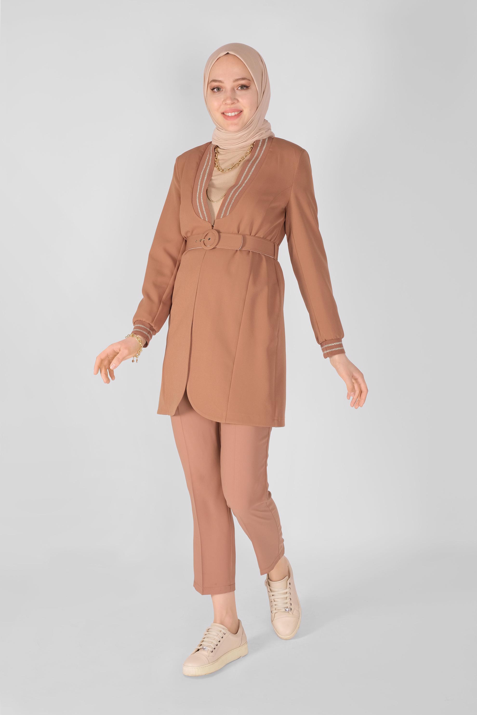 Tesettür giyim TABA SİMLİ ŞERİT LASTİK DETAYLI CEKET 41468