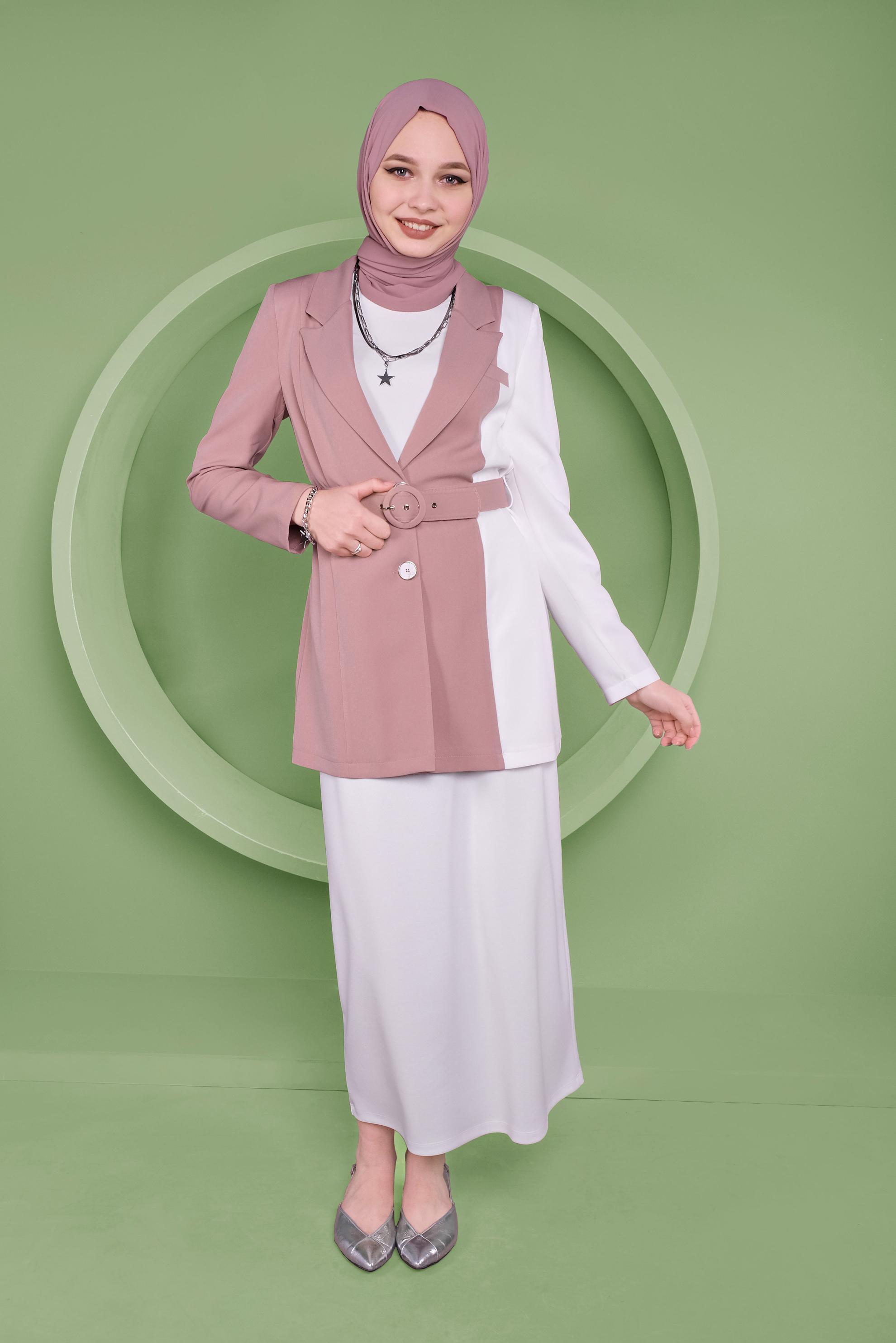 Tesettür giyim PUDRA KRUVAZE YAKA KEMERLİ CEKET 41469