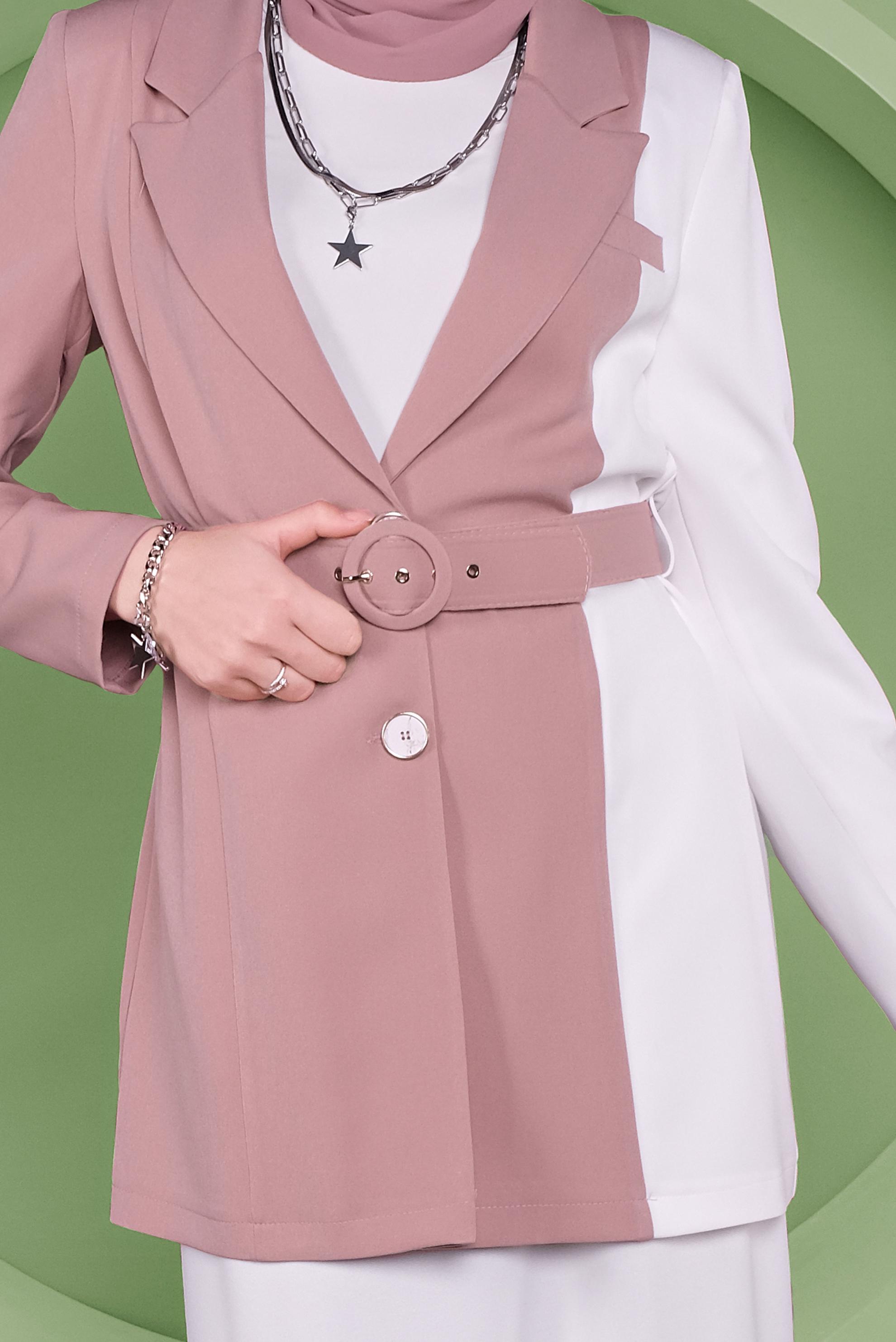 Tesettür giyim PUDRA KRUVAZE YAKA KEMERLİ CEKET 41469