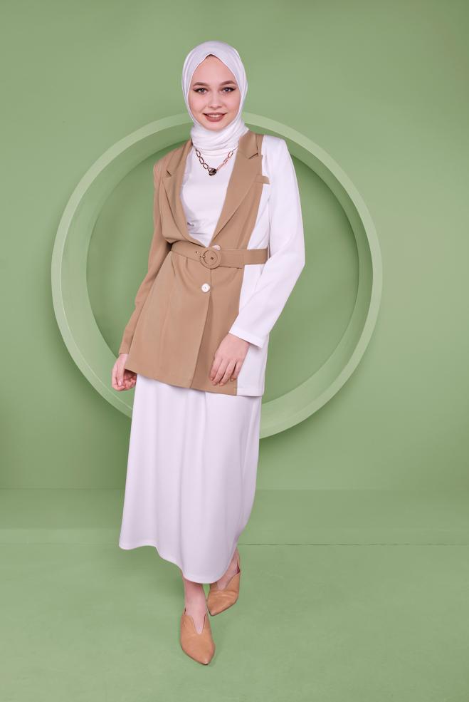 Hijab-Kleidung BRAUN KRUVAZE YAKA KEMERLİ CEKET 41469 - ALVİNA