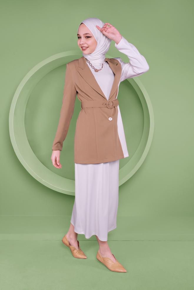 Hijab-Kleidung BRAUN KRUVAZE YAKA KEMERLİ CEKET 41469 - ALVİNA