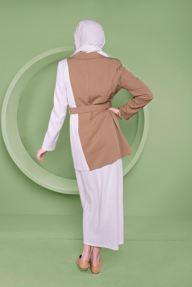 Hijab-Kleidung BRAUN KRUVAZE YAKA KEMERLİ CEKET 41469 - ALVİNA