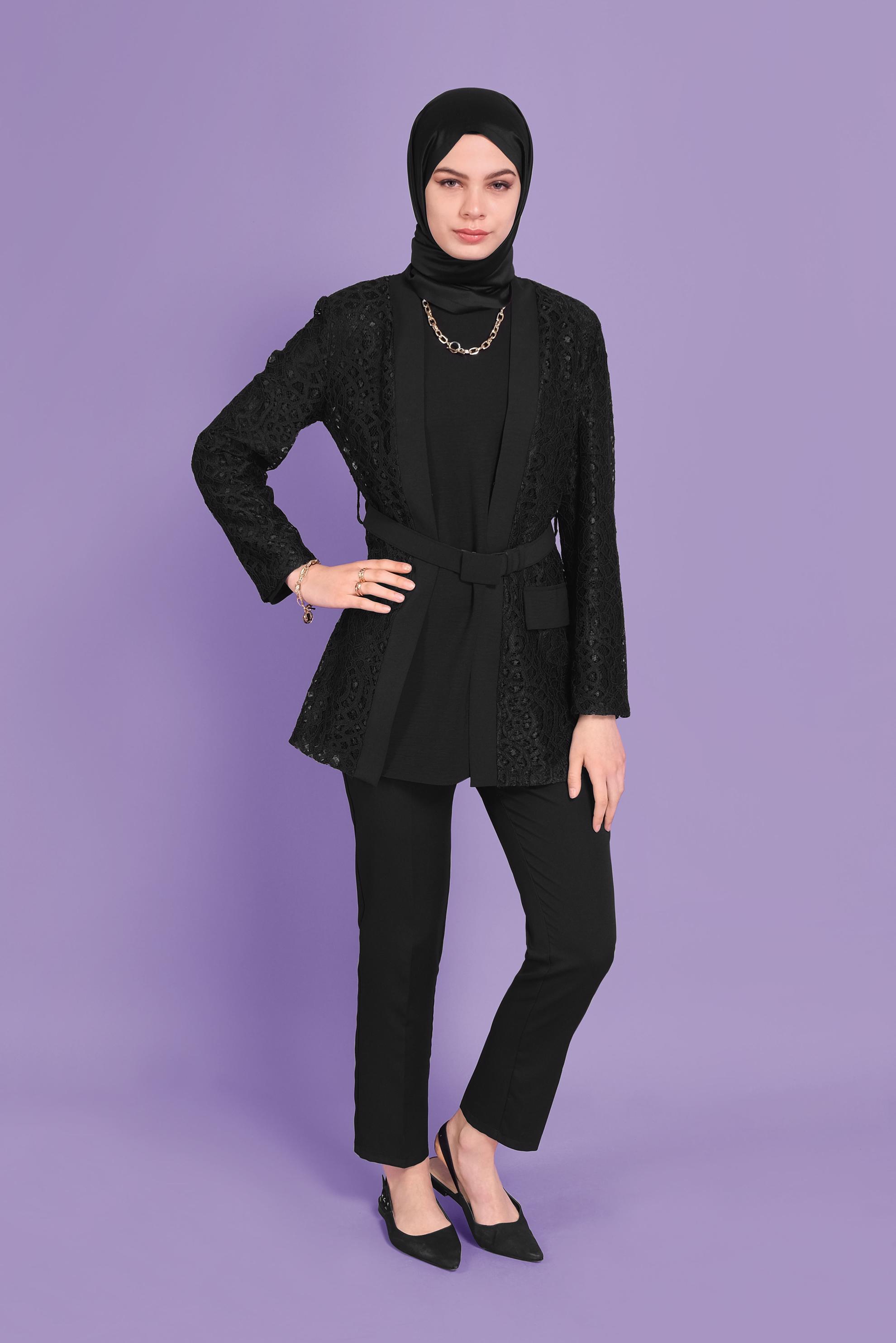 Tesettür giyim SİYAH GÜPÜRLÜ İKİLİ CEKET 41470 