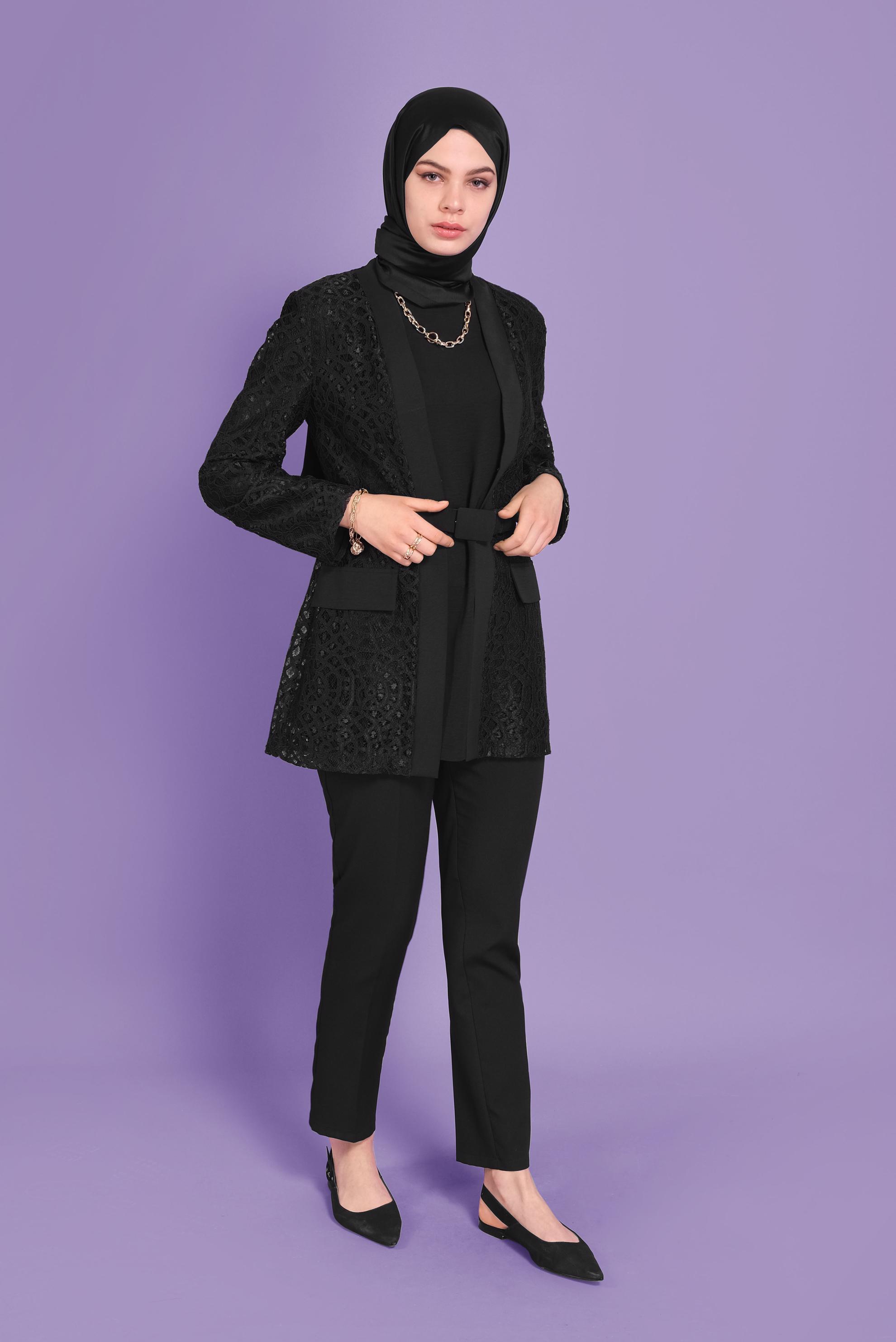 Tesettür giyim SİYAH GÜPÜRLÜ İKİLİ CEKET 41470 