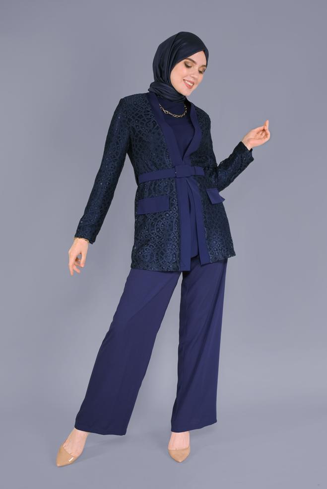 Hijab clothing NAVY BLUE GUIPURED 2-PIECE JACKET 41470  - ALVİNA