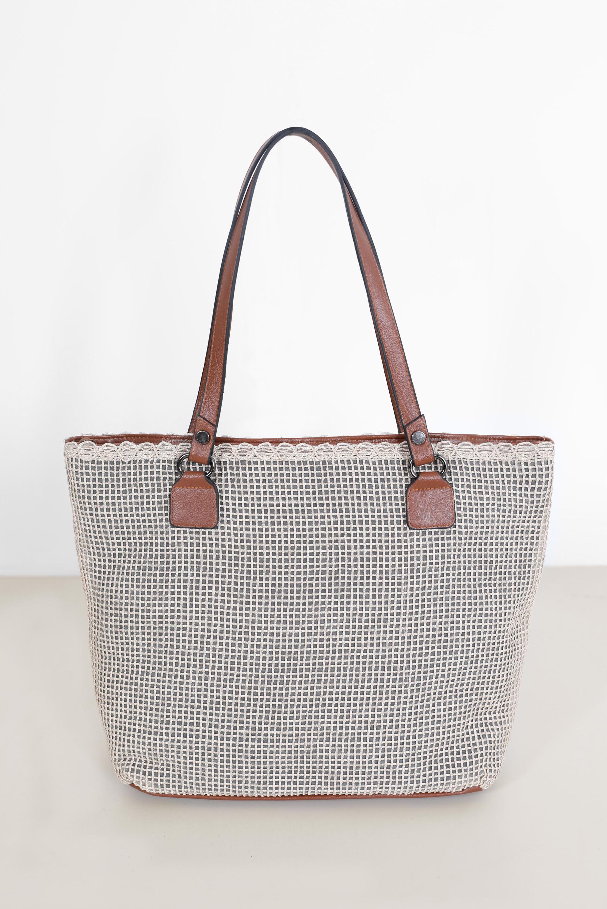 Tesettür giyim BEYAZ ALVİNA ÖRGÜ VE DİKİŞ DETAYLI TOTE ÇANTA 1894 