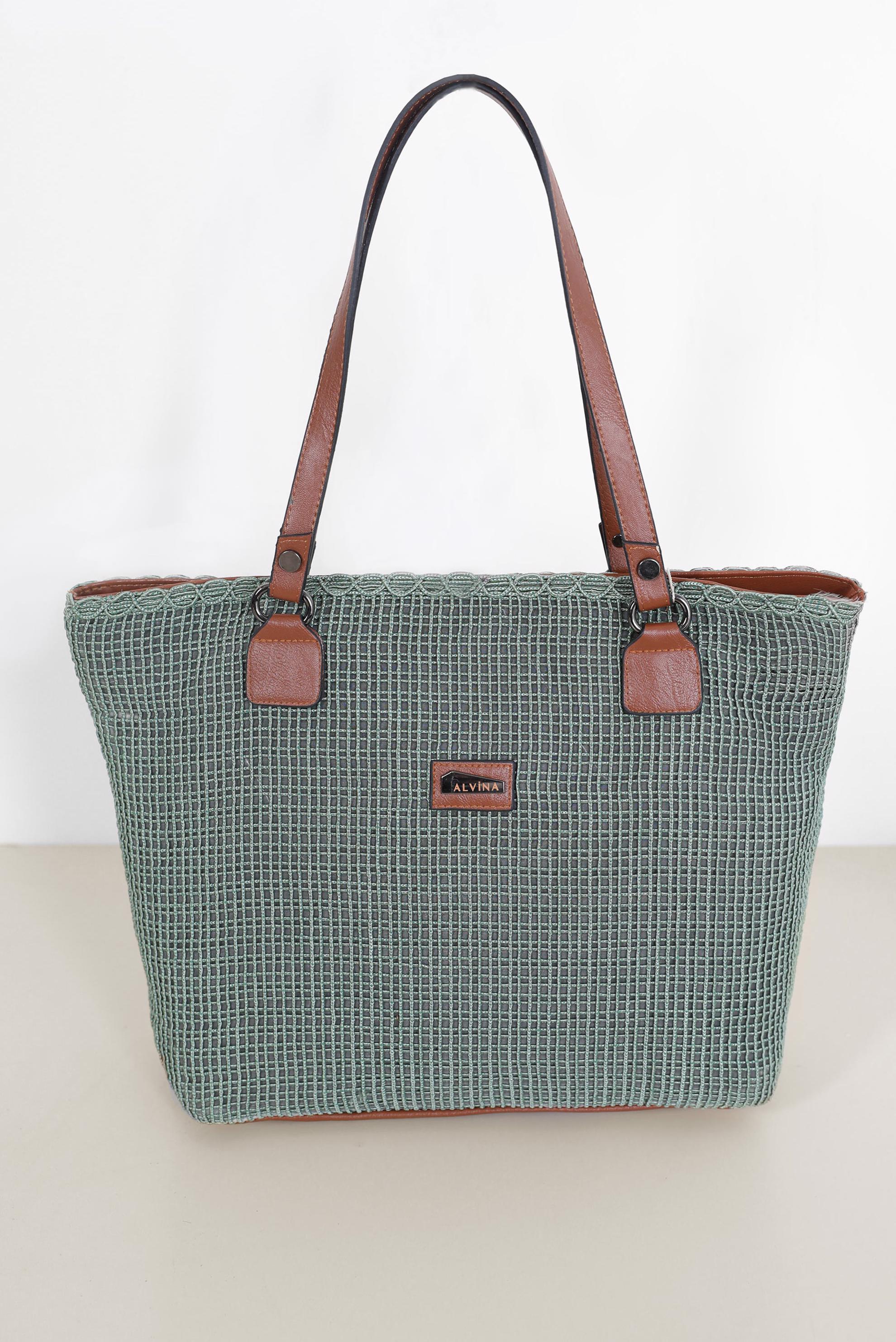 Tesettür giyim YEŞİL ALVİNA ÖRGÜ VE DİKİŞ DETAYLI TOTE ÇANTA 1894 