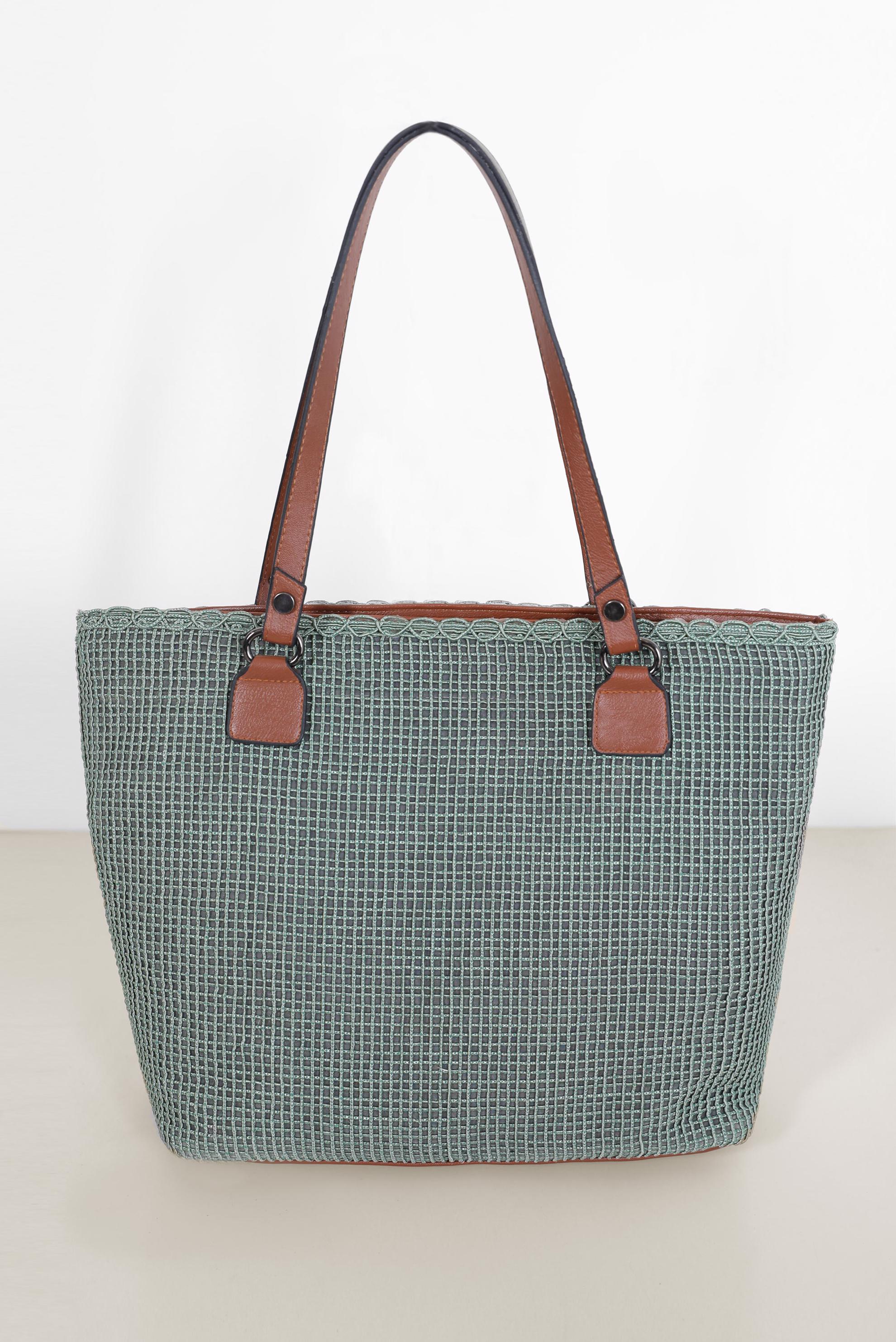 Tesettür giyim YEŞİL ALVİNA ÖRGÜ VE DİKİŞ DETAYLI TOTE ÇANTA 1894 