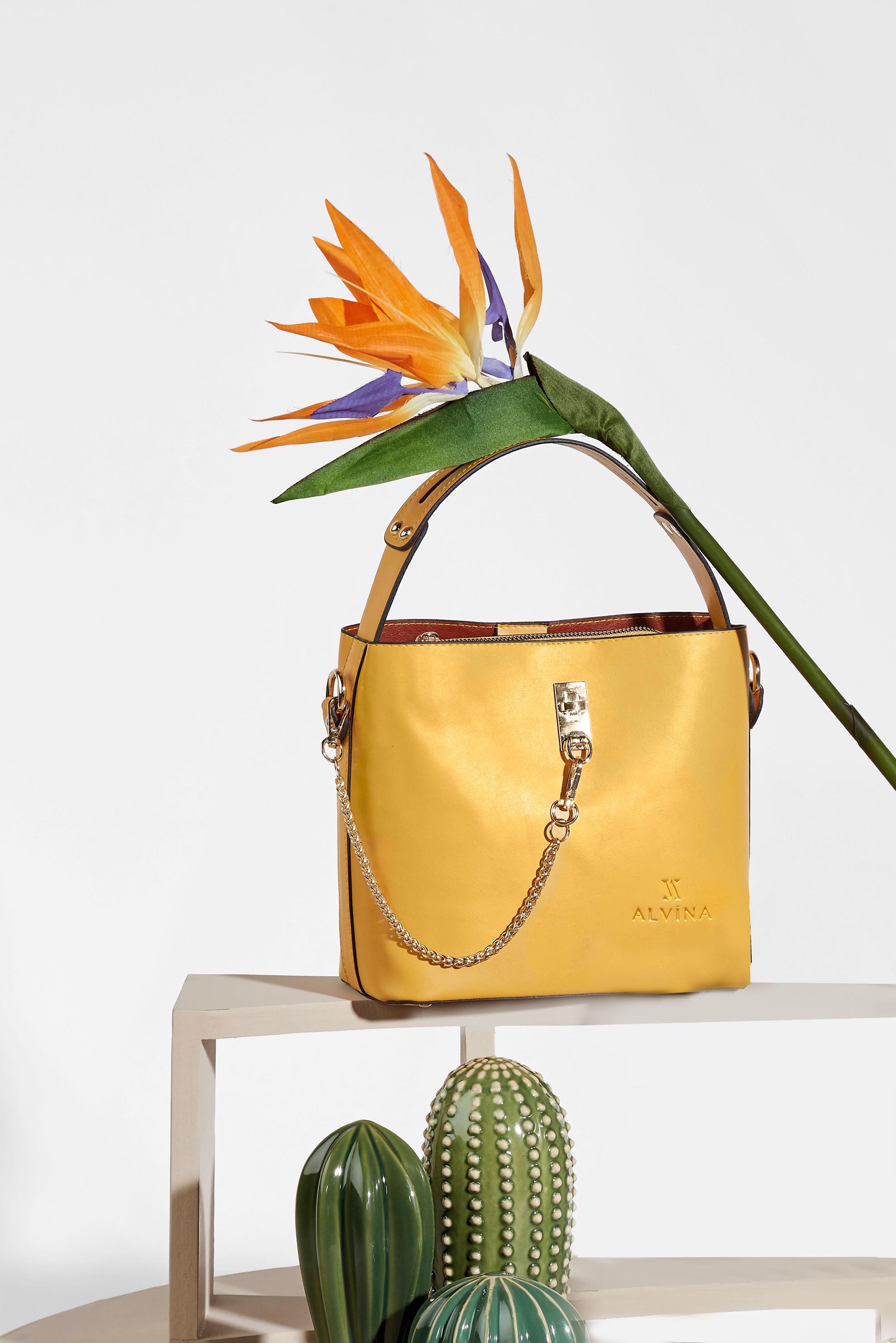 Tesettür giyim SARI ALVİNA ZİNCİR DETAYLI TOTE ÇANTA 5071