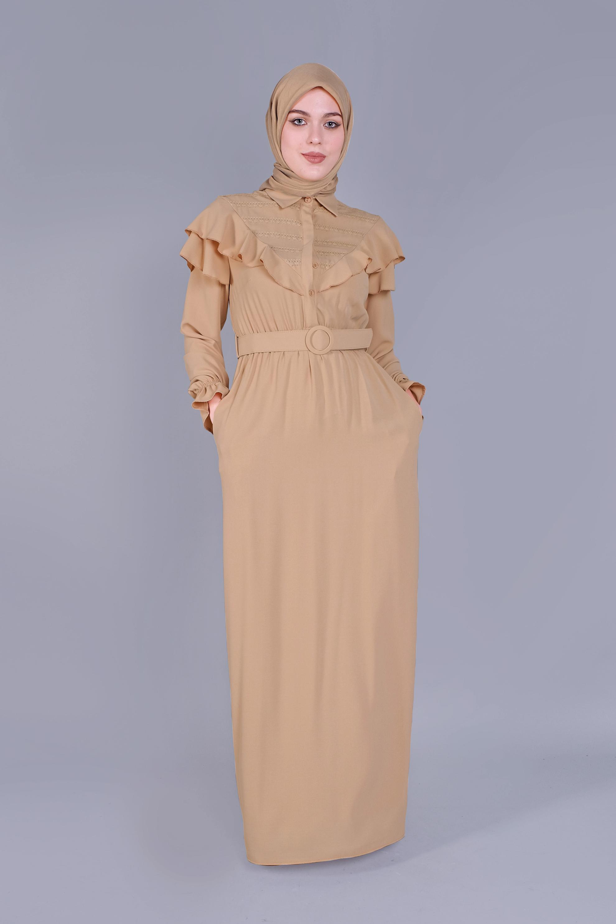 Tesettür giyim BEJ FIRFIRLI KEMERLİ ELBİSE 40816