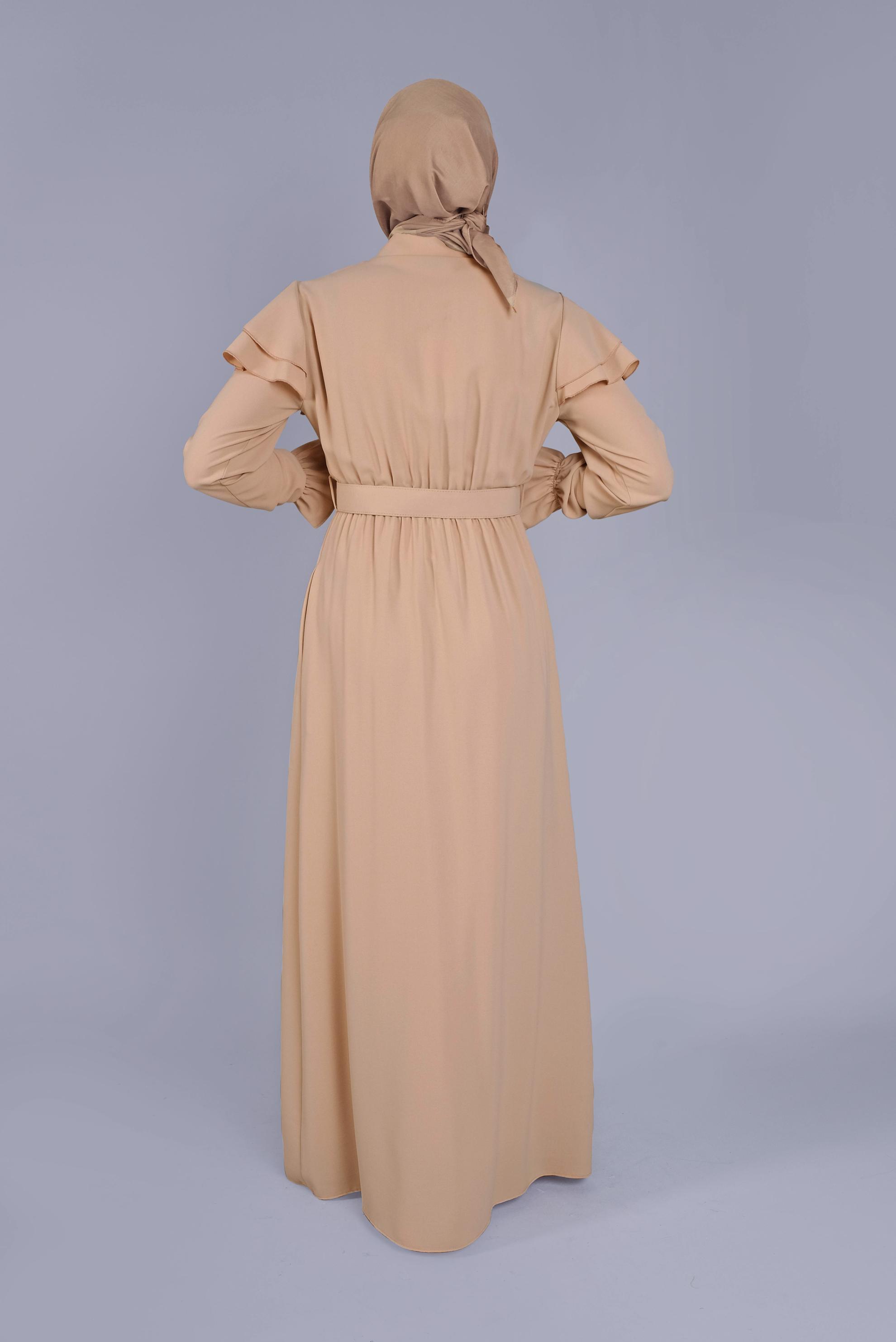 Tesettür giyim BEJ FIRFIRLI KEMERLİ ELBİSE 40816