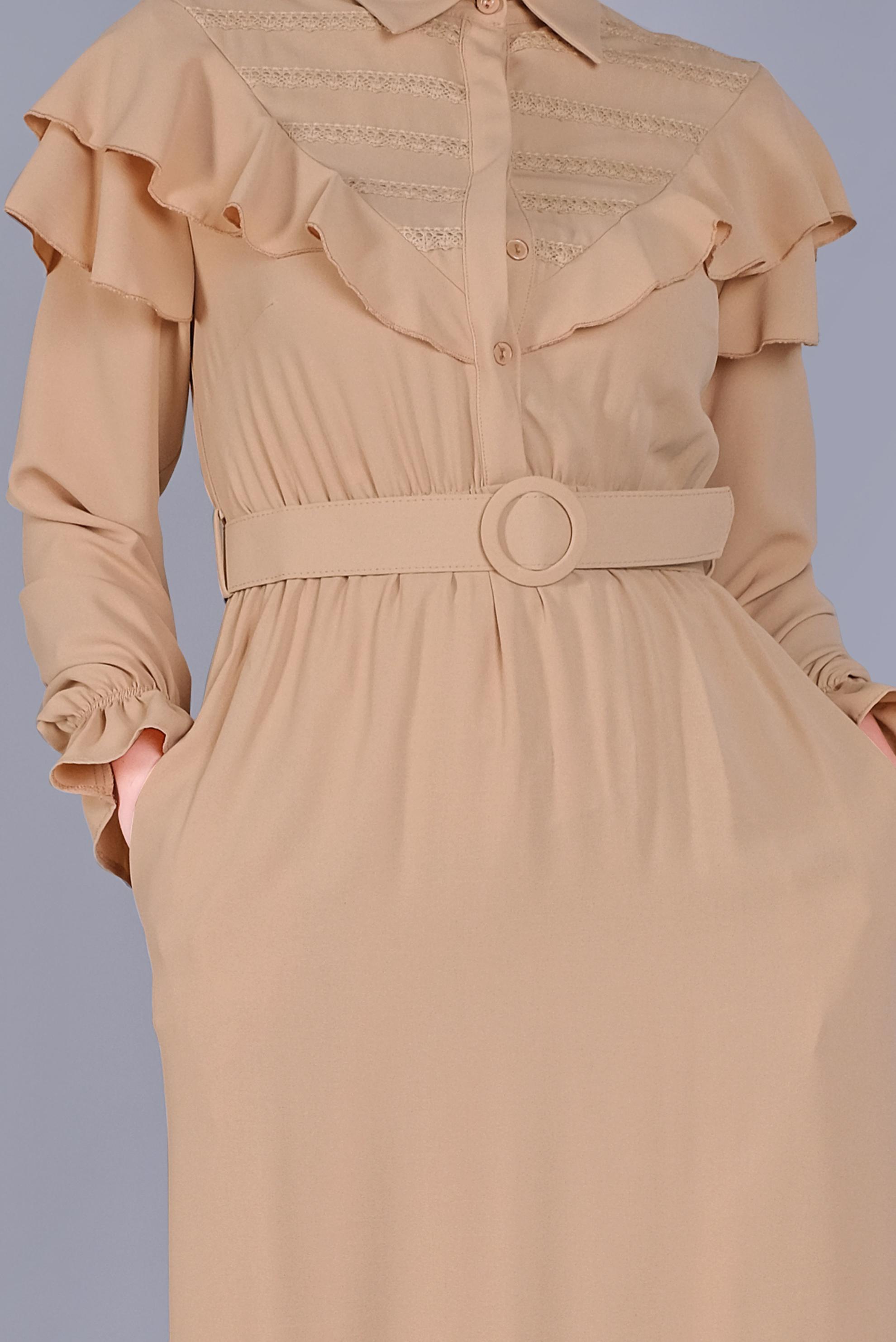 Tesettür giyim BEJ FIRFIRLI KEMERLİ ELBİSE 40816