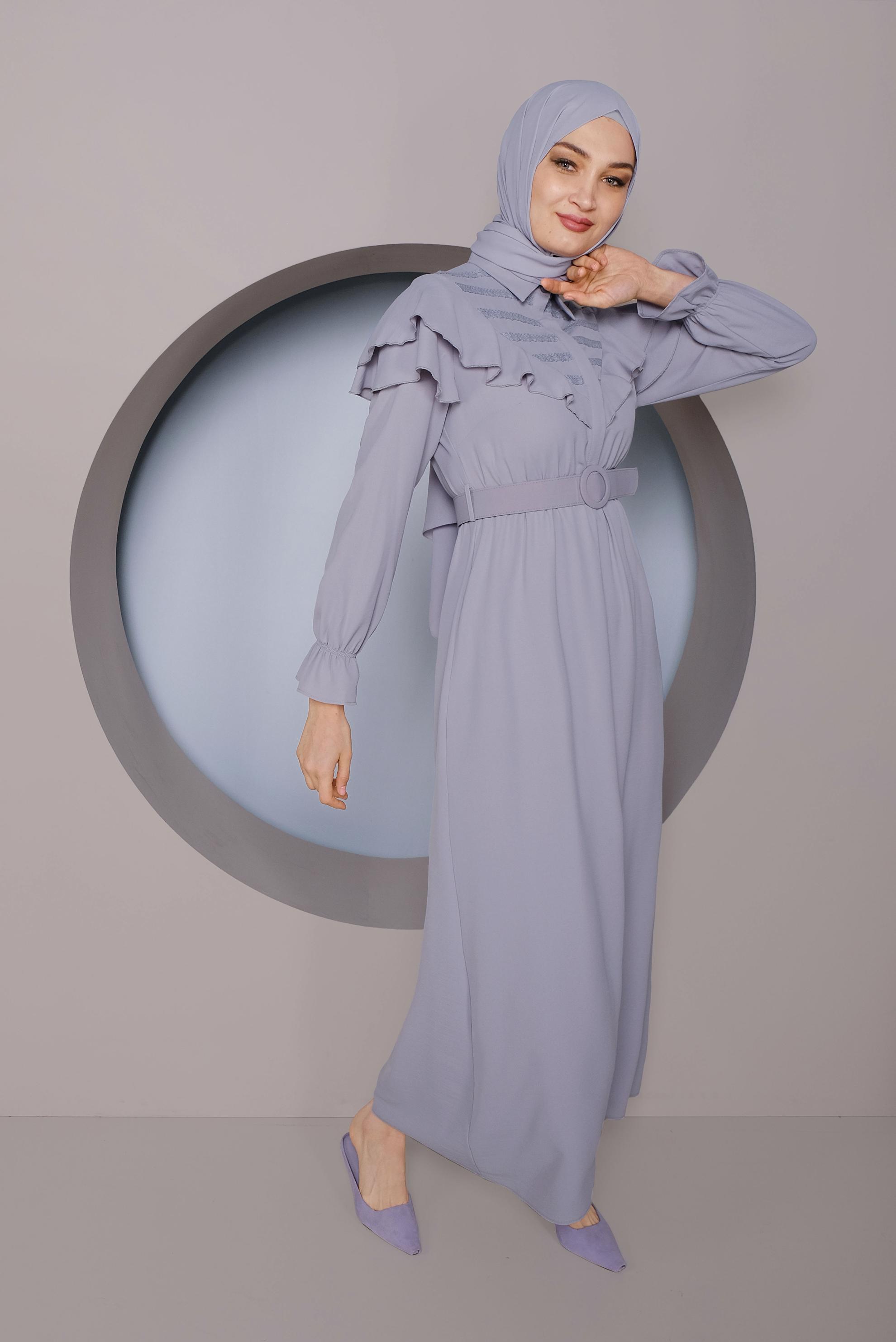 Tesettür giyim GRİ FIRFIRLI KEMERLİ ELBİSE 40816